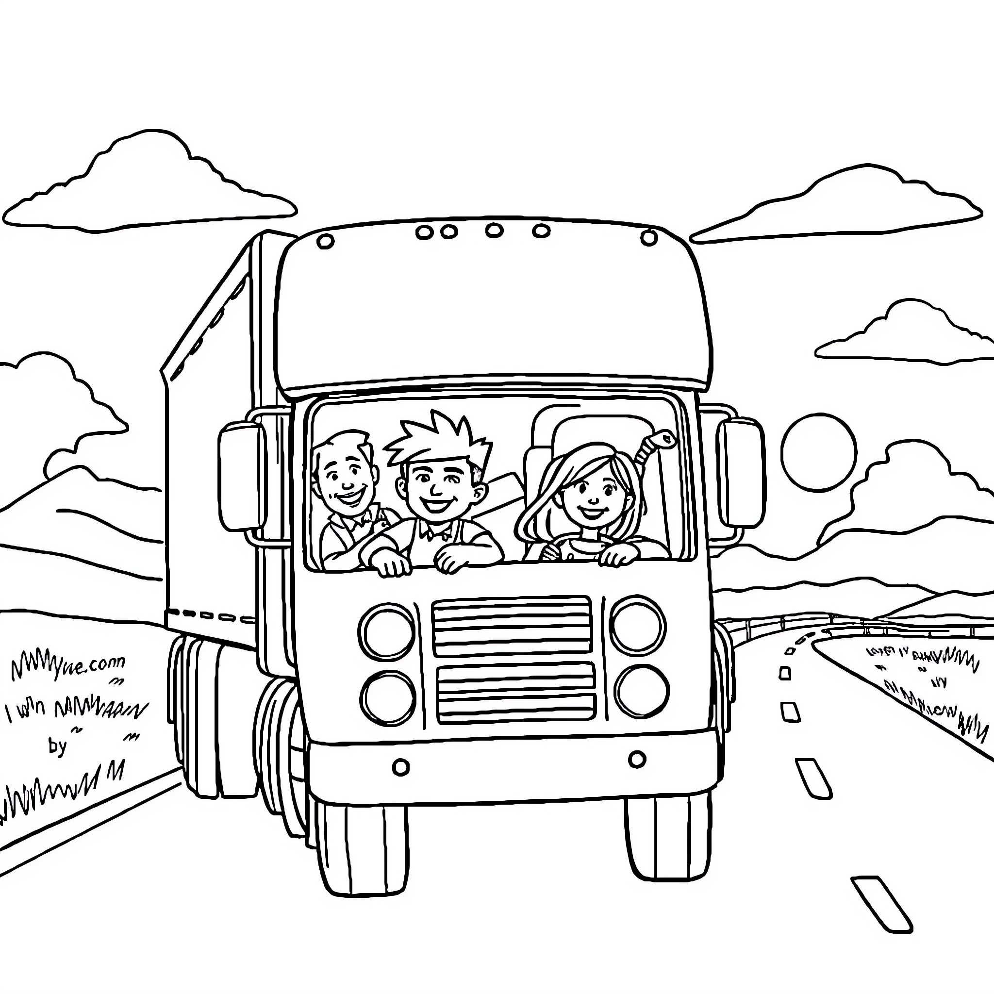 Family on a road trip adventure Coloring Page (free black-and-white line drawing printable PDF for all, from beginners to advanced learners, including children, teens, adults, and seniors)