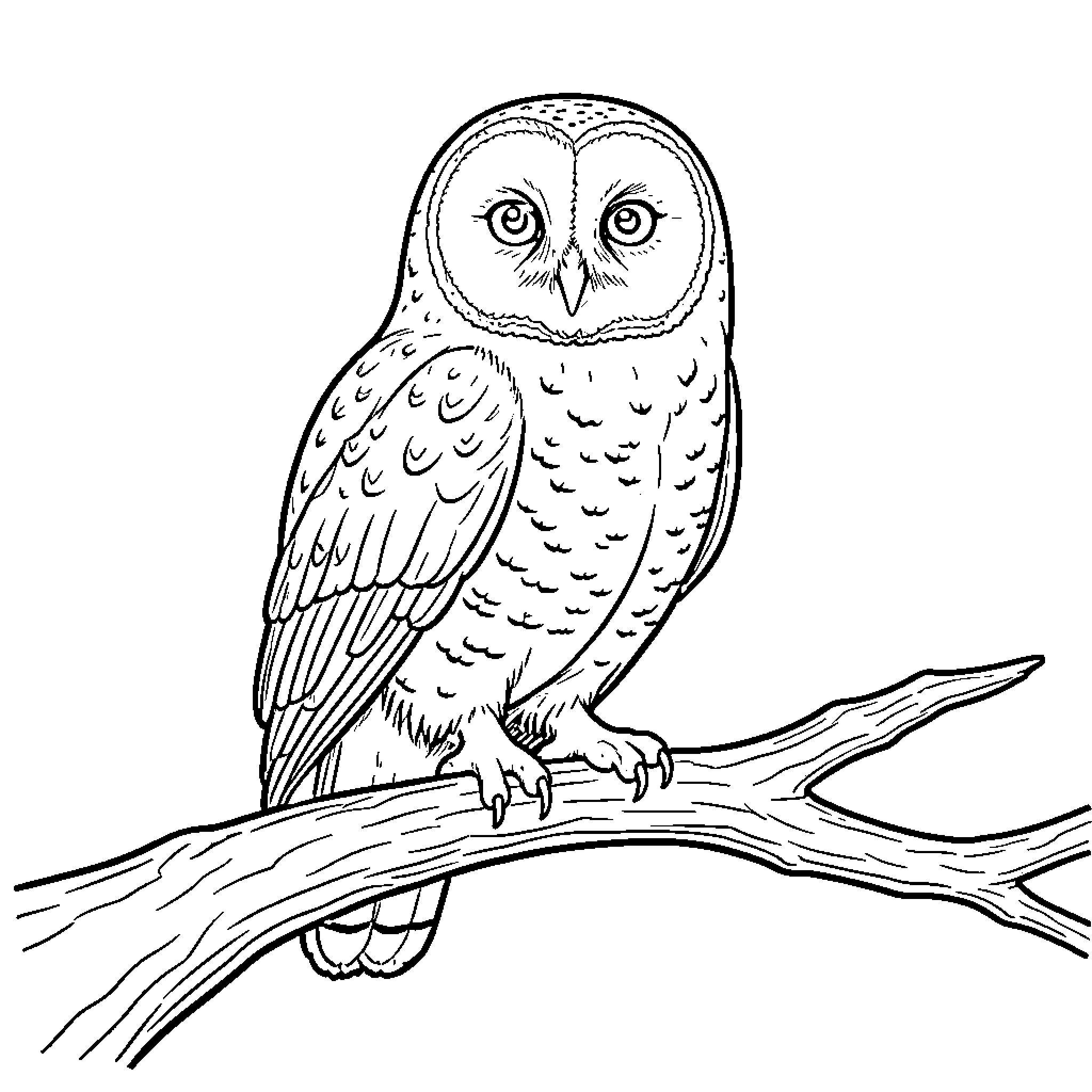 Owl perched calmly on a tree branch Coloring Page (free black-and-white line drawing printable PDF for all, from beginners to advanced learners, including children, teens, adults, and seniors)
