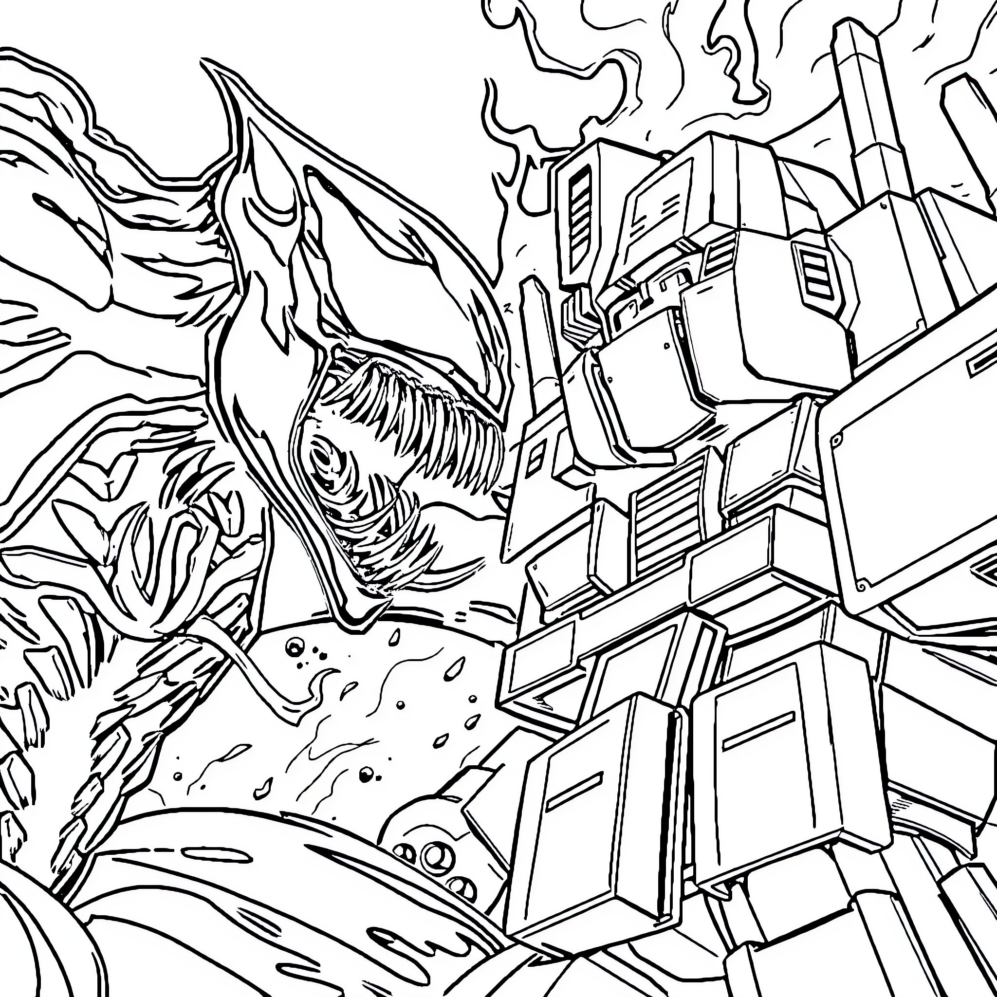 Venom symbiote attacks futuristic mech Coloring Page (free black-and-white line drawing printable PDF for all, from beginners to advanced learners, including children, teens, adults, and seniors)