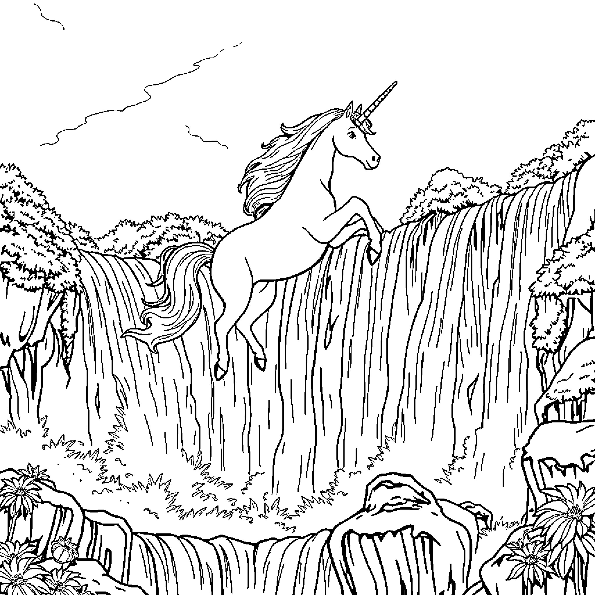 Unicorn leaping over the waterfall in a magical forest Coloring Page (free black-and-white line drawing printable PDF for all, from beginners to advanced learners, including children, teens, adults, and seniors)
