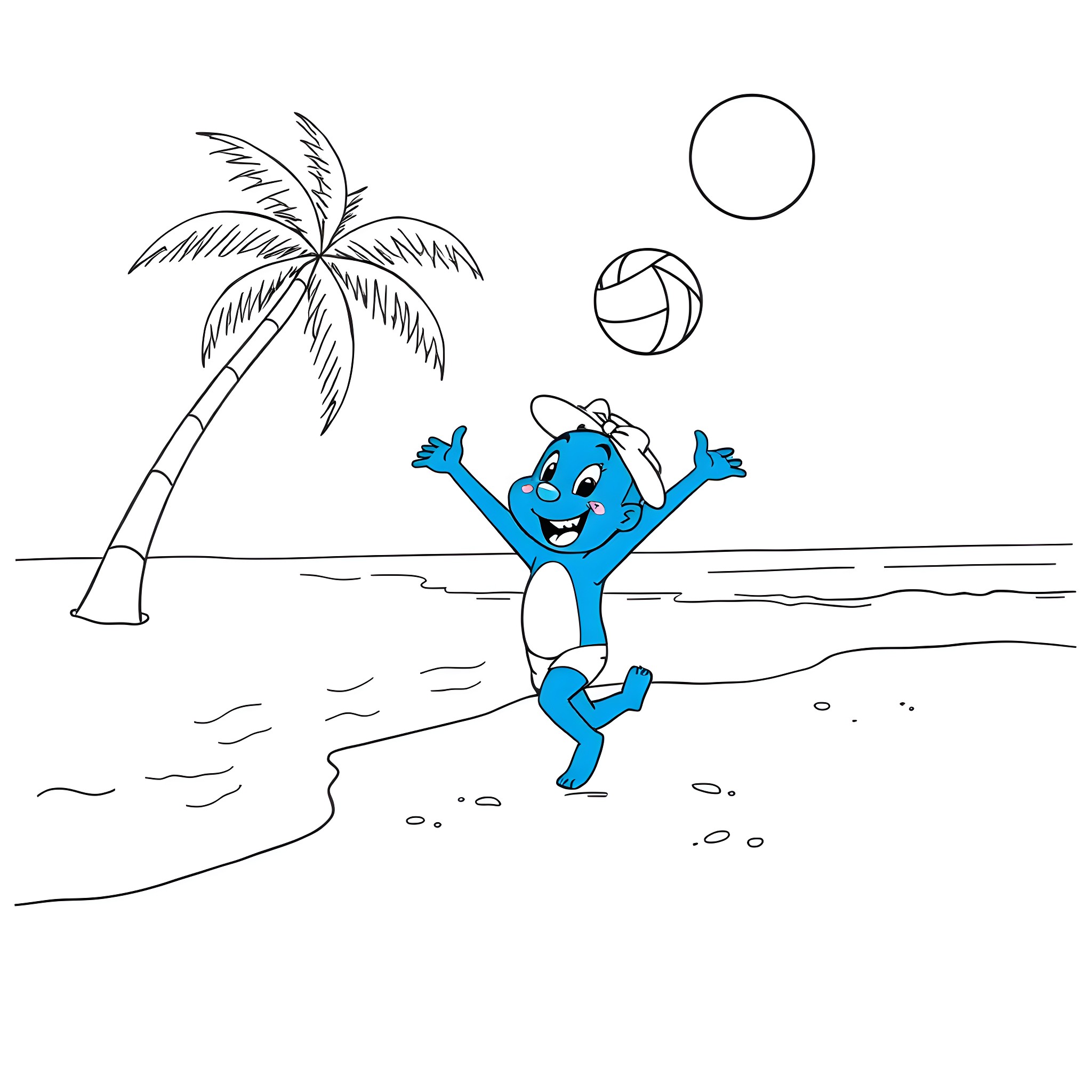 Bluey having fun at the beach Coloring Page (free black-and-white line drawing printable PDF for all, from beginners to advanced learners, including children, teens, adults, and seniors)