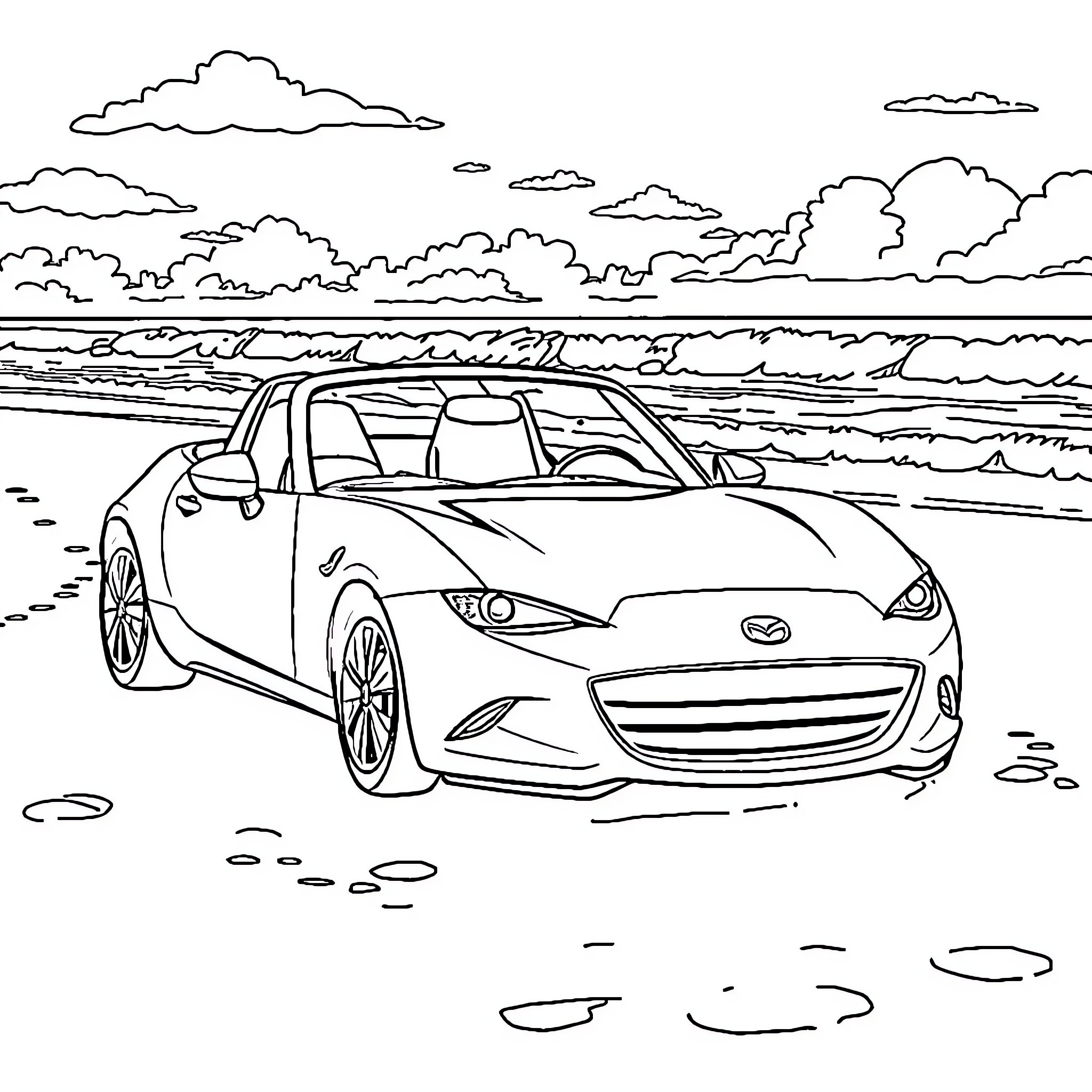 Mazda sports car on the beach Coloring Page (free black-and-white line drawing printable PDF for all, from beginners to advanced learners, including children, teens, adults, and seniors)