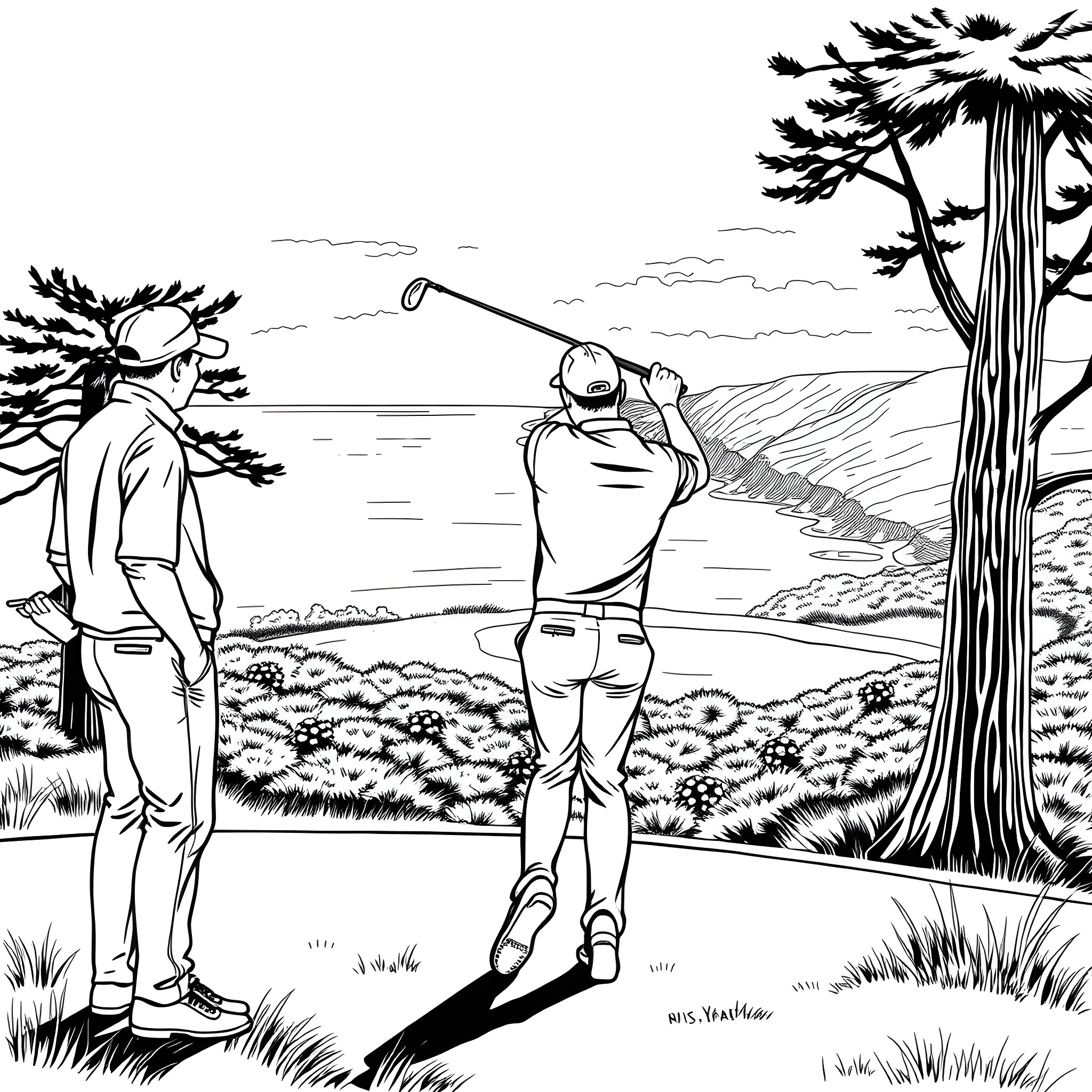 Golfing at scenic lakeside during golden hour Coloring Page (free black-and-white line drawing printable PDF for all, from beginners to advanced learners, including children, teens, adults, and seniors)