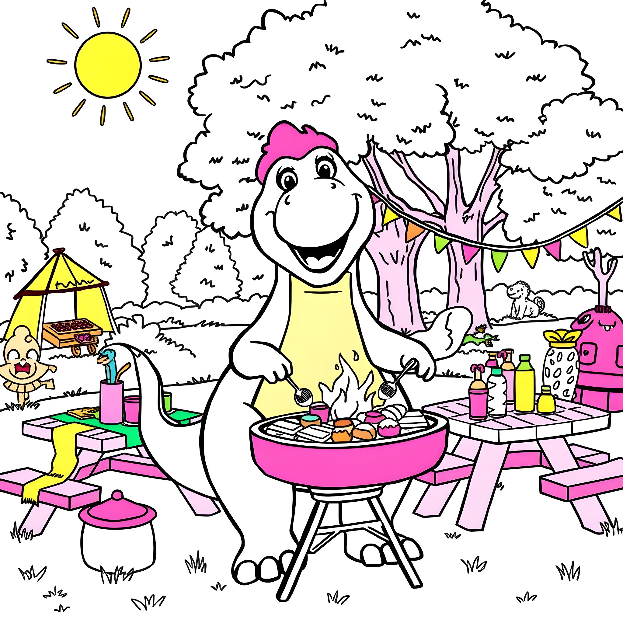 Barney's Outdoor Picnic and Fun Coloring Page (free black-and-white line drawing printable PDF for all, from beginners to advanced learners, including children, teens, adults, and seniors)