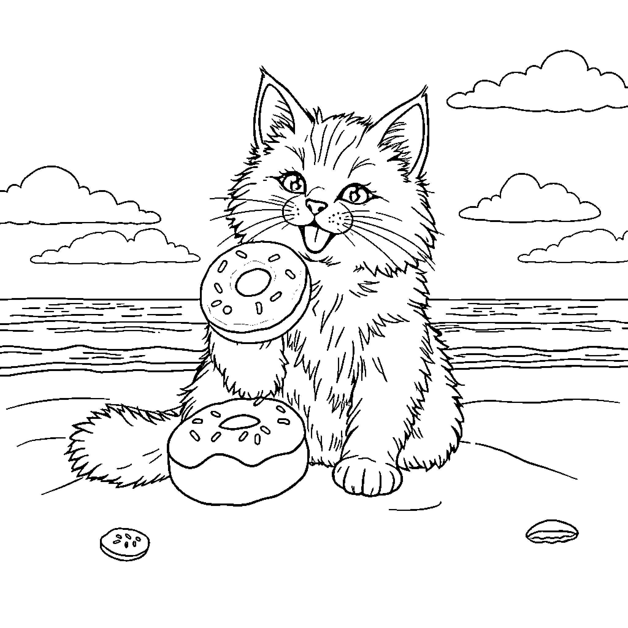 Cat playing with treats on the beach Coloring Page (free black-and-white line drawing printable PDF for all, from beginners to advanced learners, including children, teens, adults, and seniors)