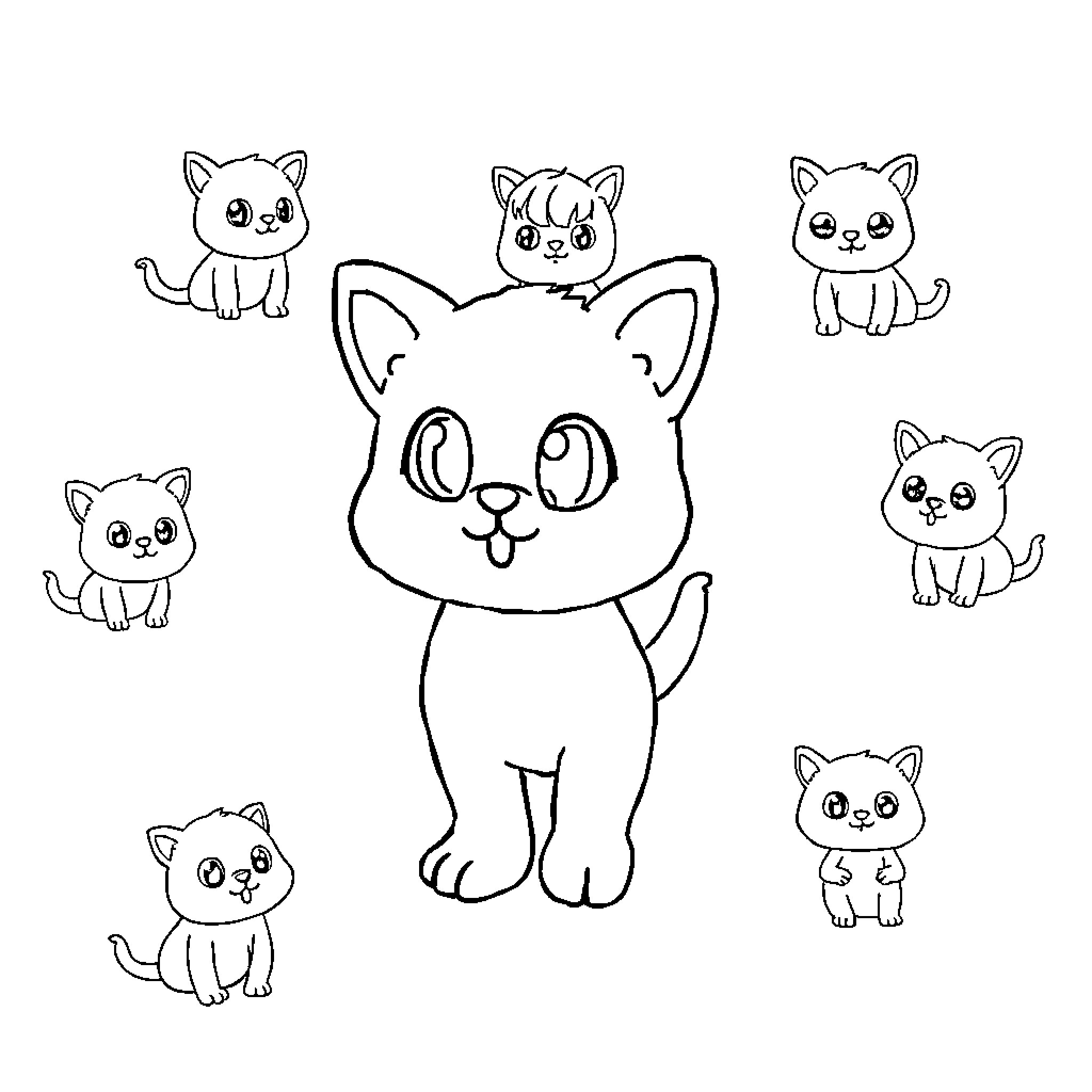 Gabychat: Adorable Kitty Companions Coloring Page (free black-and-white line drawing printable PDF for all, from beginners to advanced learners, including children, teens, adults, and seniors)