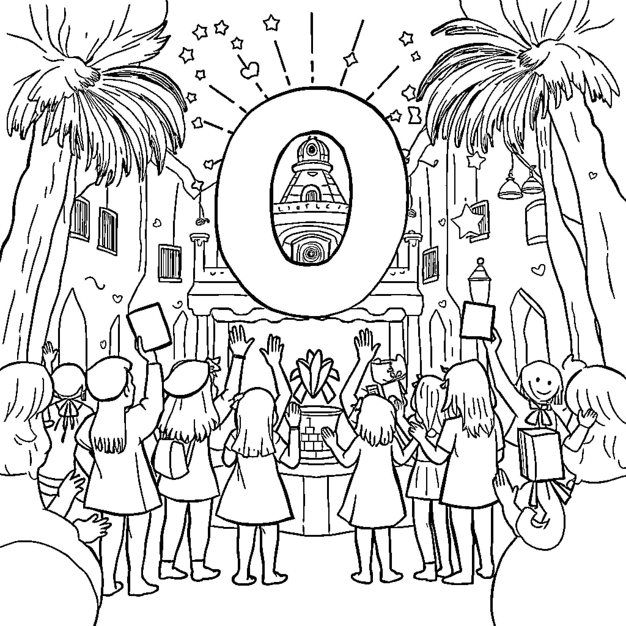 9 de Octubre celebration with festive decorations and crowds Coloring Page (free black-and-white line drawing printable PDF for all, from beginners to advanced learners, including children, teens, adults, and seniors)