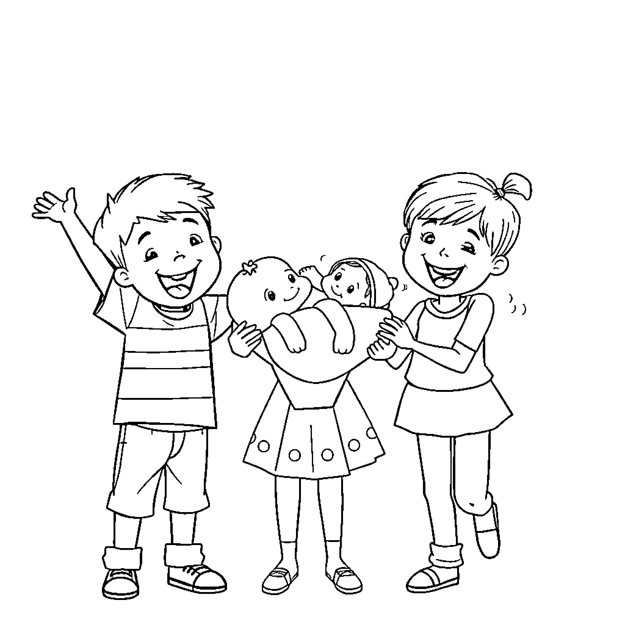Sibling Trio Sharing Joyful Playtime Coloring Page (free black-and-white line drawing printable PDF for all, from beginners to advanced learners, including children, teens, adults, and seniors)