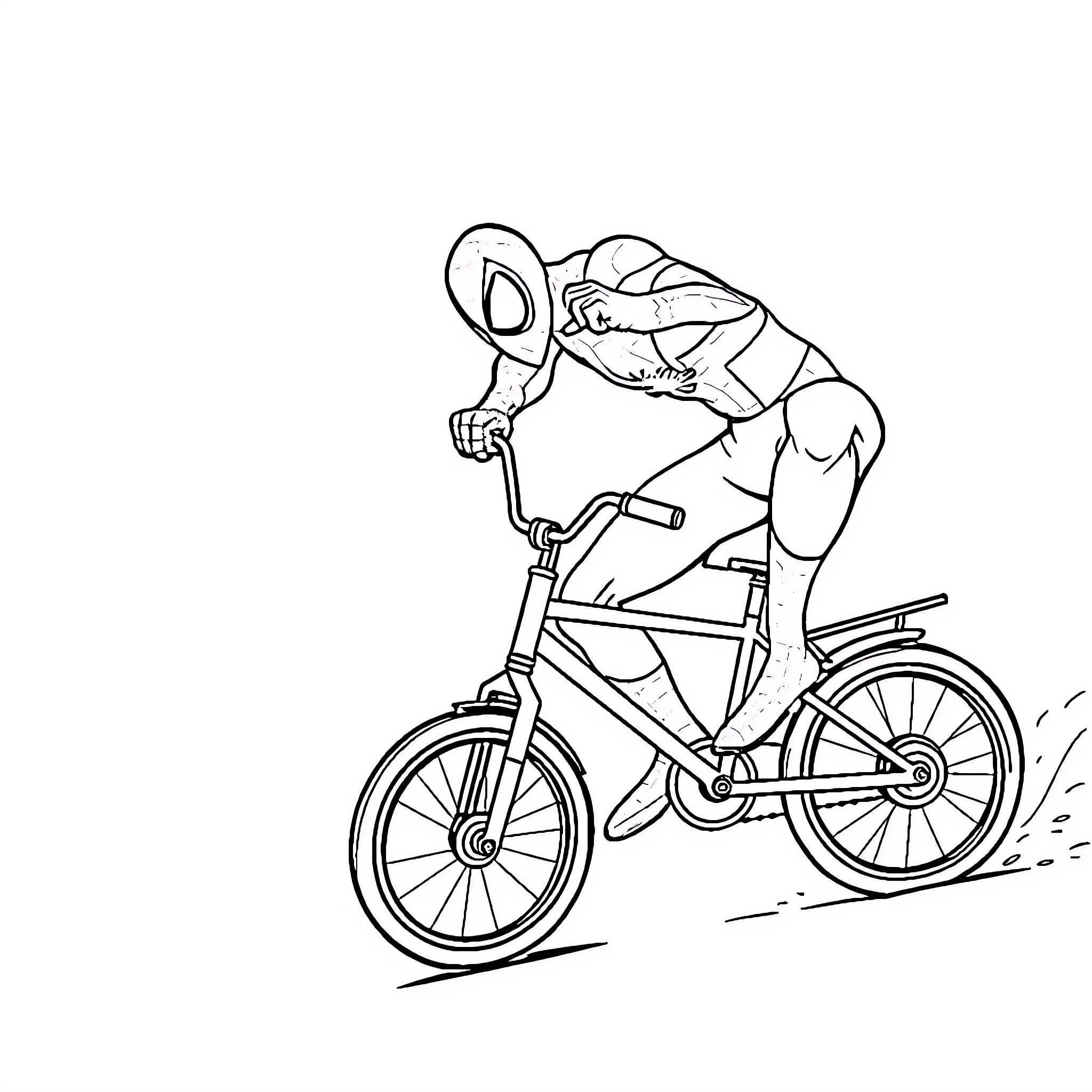 Spiderman riding a bicycle with enthusiasm Coloring Page (free black-and-white line drawing printable PDF for all, from beginners to advanced learners, including children, teens, adults, and seniors)