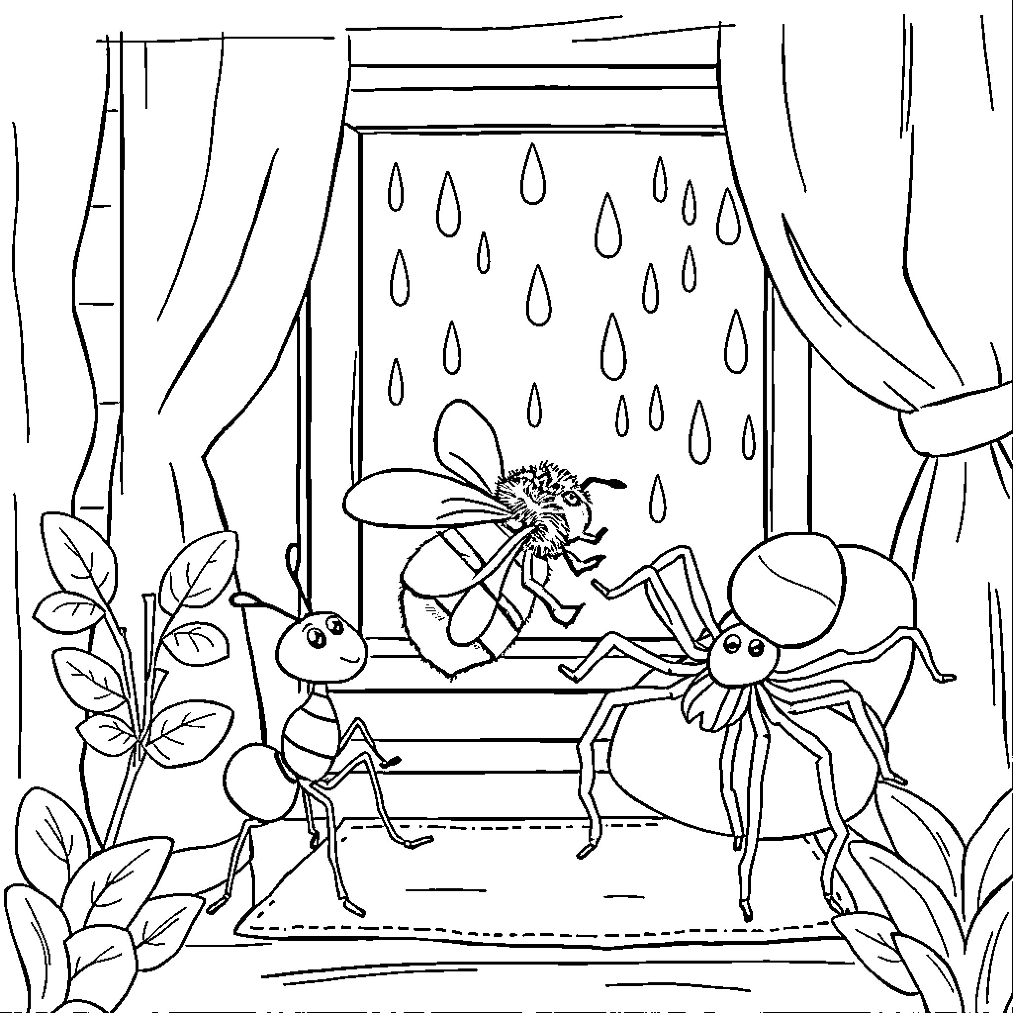 Ant friends enjoying a rainy day indoor Coloring Page (free black-and-white line drawing printable PDF for all, from beginners to advanced learners, including children, teens, adults, and seniors)