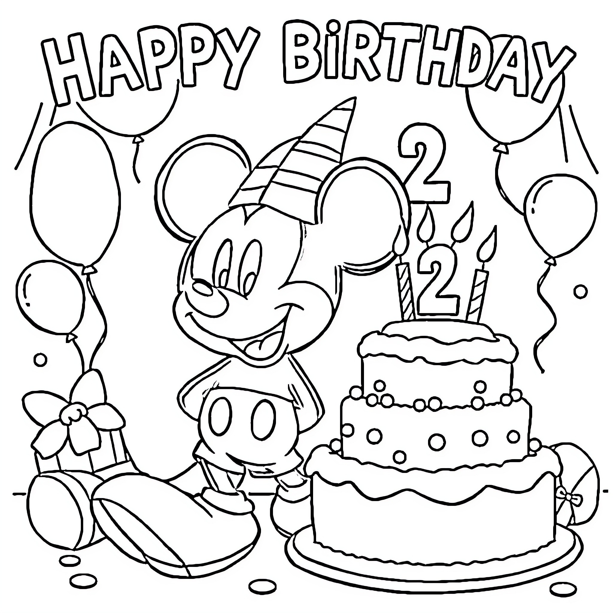 Mickey Mouse celebrates 2nd birthday with cake and balloons Coloring Page (free black-and-white line drawing printable PDF for all, from beginners to advanced learners, including children, teens, adults, and seniors)