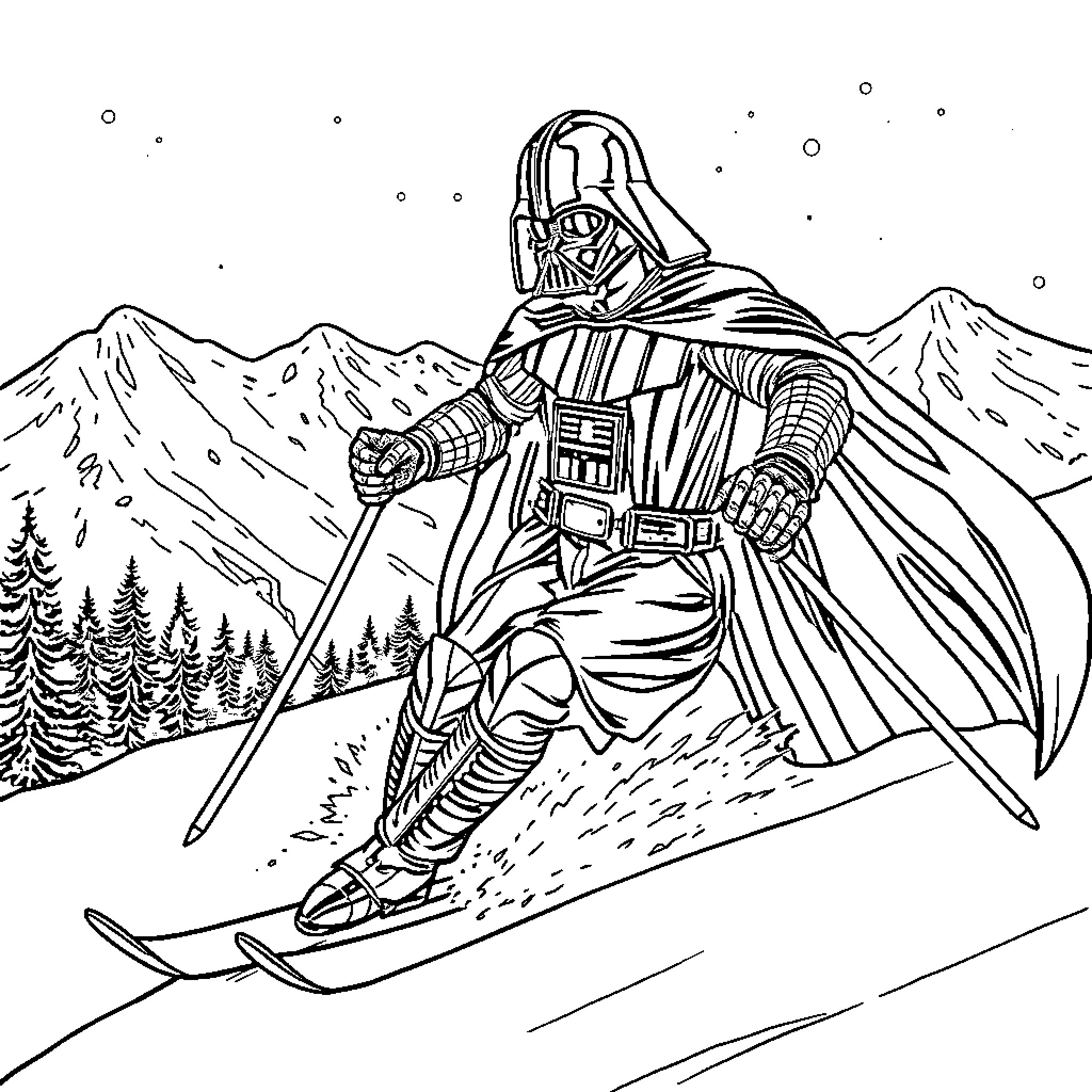Darth Vader skiing down the snowy mountains Coloring Page (free black-and-white line drawing printable PDF for all, from beginners to advanced learners, including children, teens, adults, and seniors)