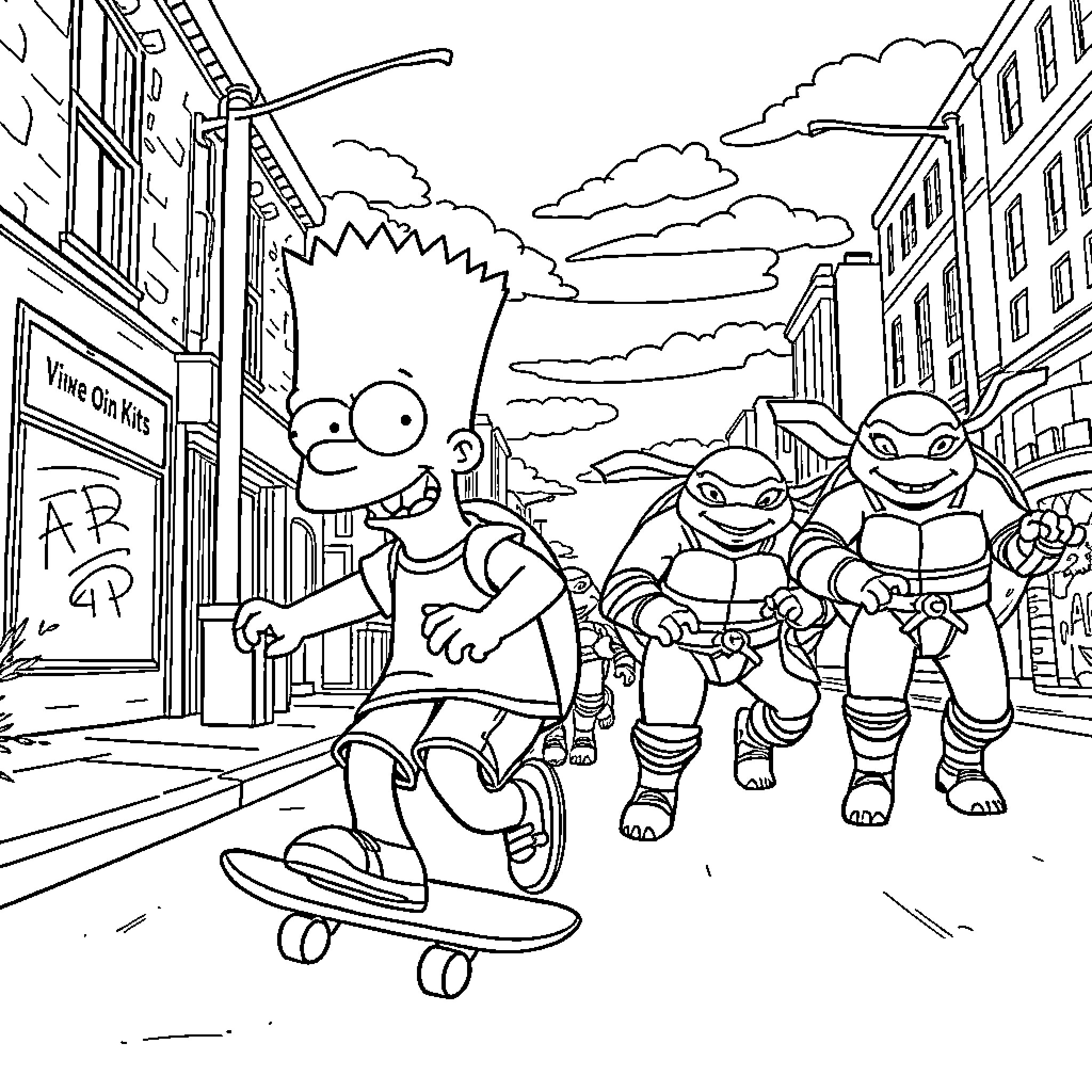 Bart Simpson's Skateboarding Adventure with Teenage Mutant Ninja Turtles Coloring Page (free black-and-white line drawing printable PDF for all, from beginners to advanced learners, including children, teens, adults, and seniors)