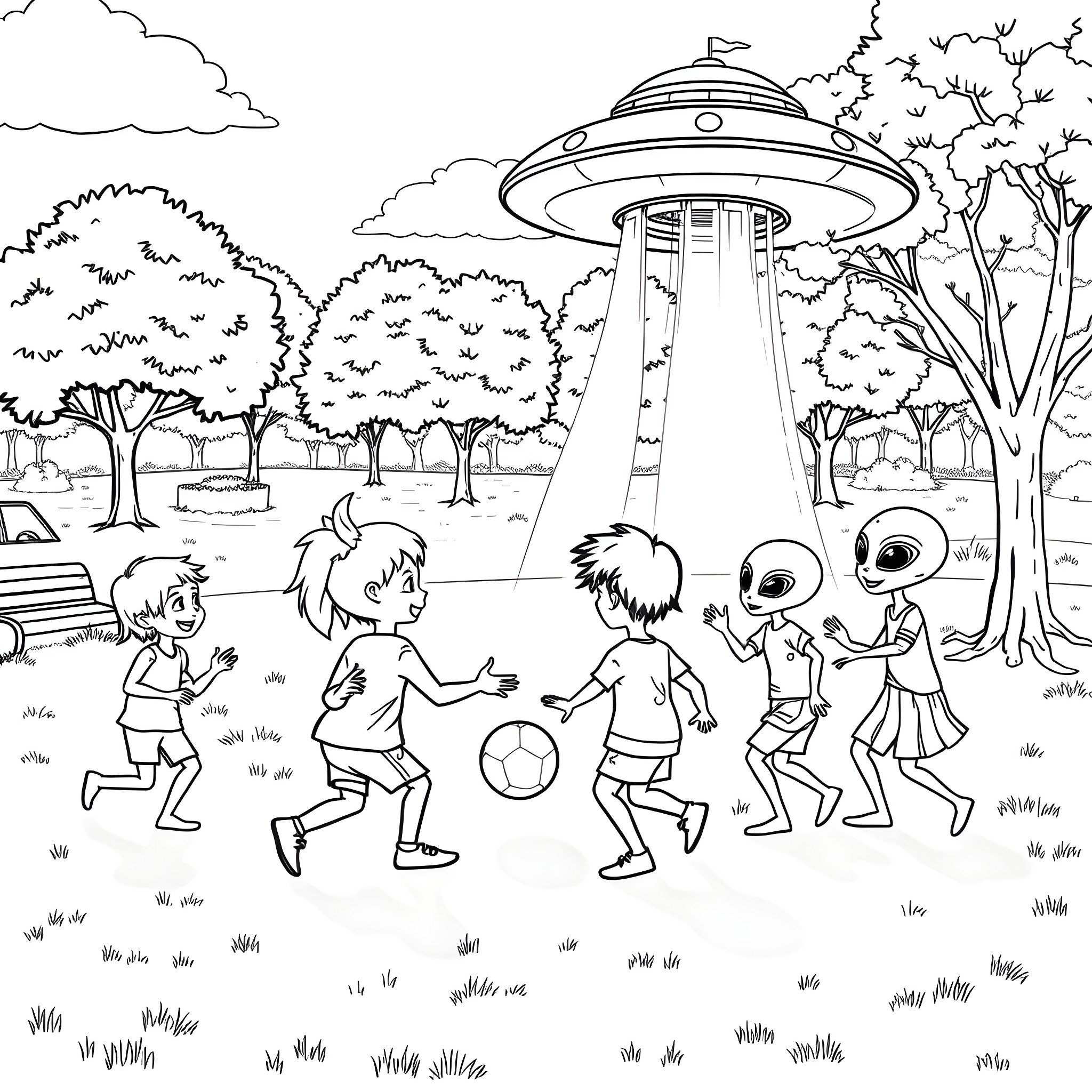 Kid Encountering Alien Spacecraft in Forest Playground Coloring Page (free black-and-white line drawing printable PDF for all, from beginners to advanced learners, including children, teens, adults, and seniors)