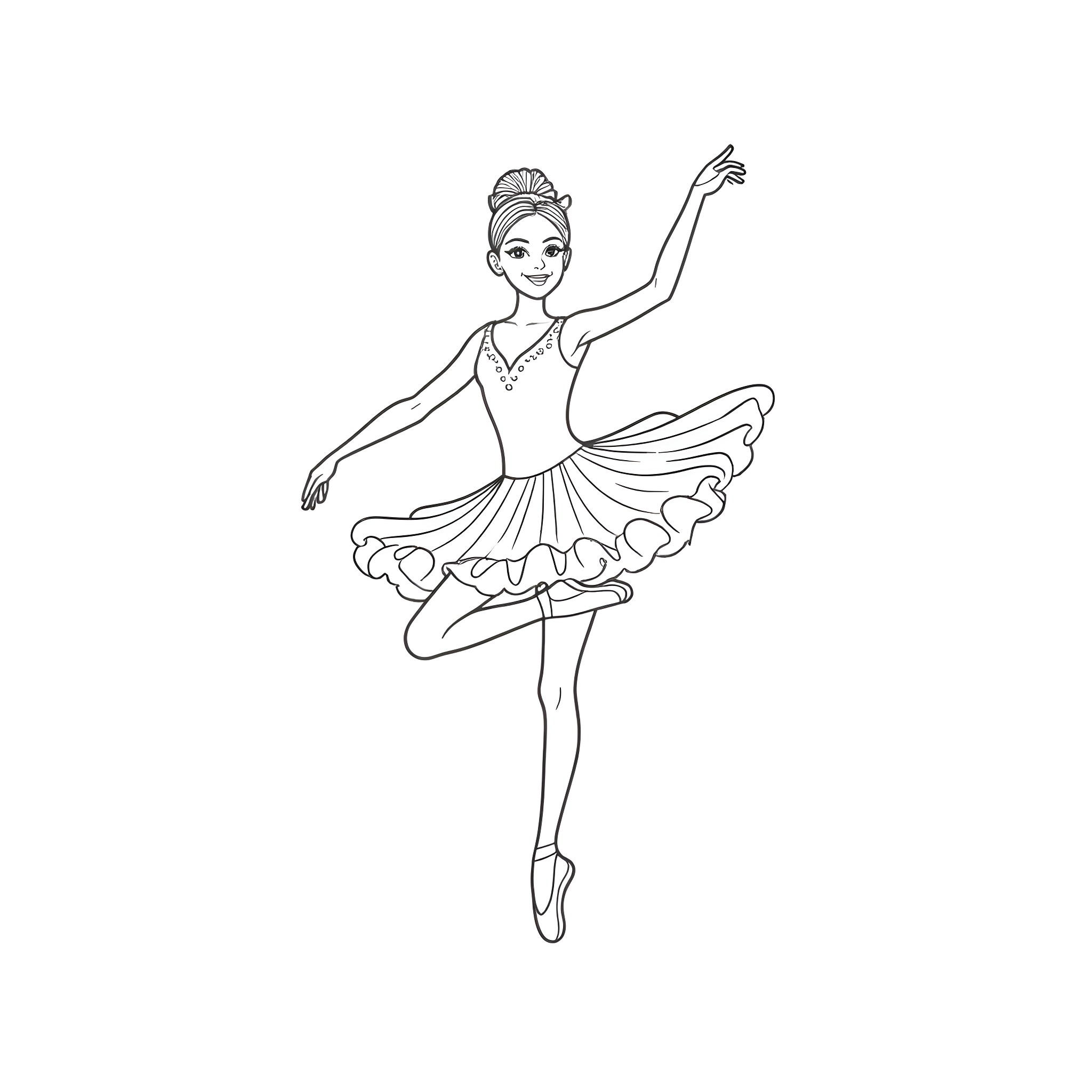 Ballerina gracefully dancing on stage Coloring Page (free black-and-white line drawing printable PDF for all, from beginners to advanced learners, including children, teens, adults, and seniors)