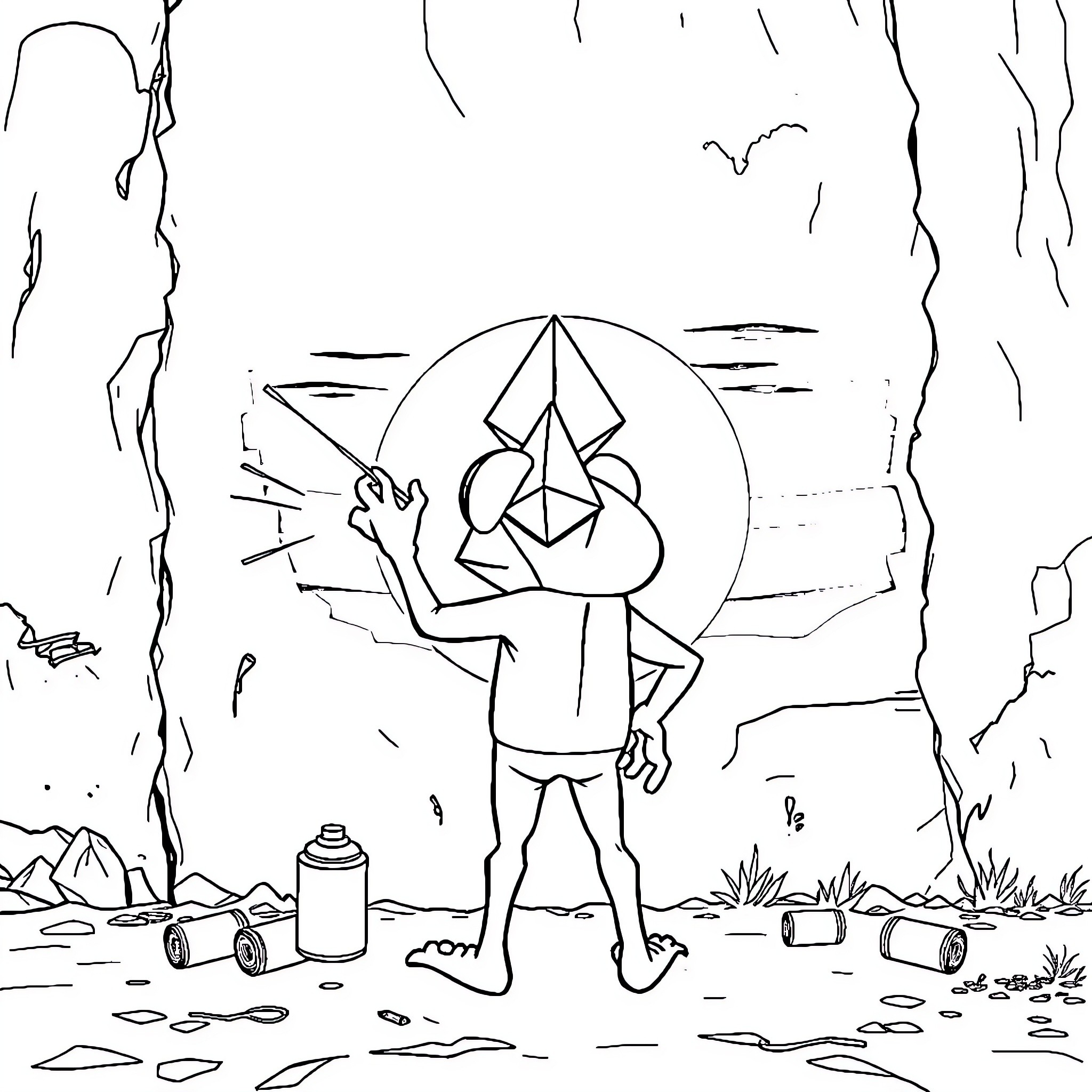 Pepe doing graffiti in the wilderness Coloring Page (free black-and-white line drawing printable PDF for all, from beginners to advanced learners, including children, teens, adults, and seniors)