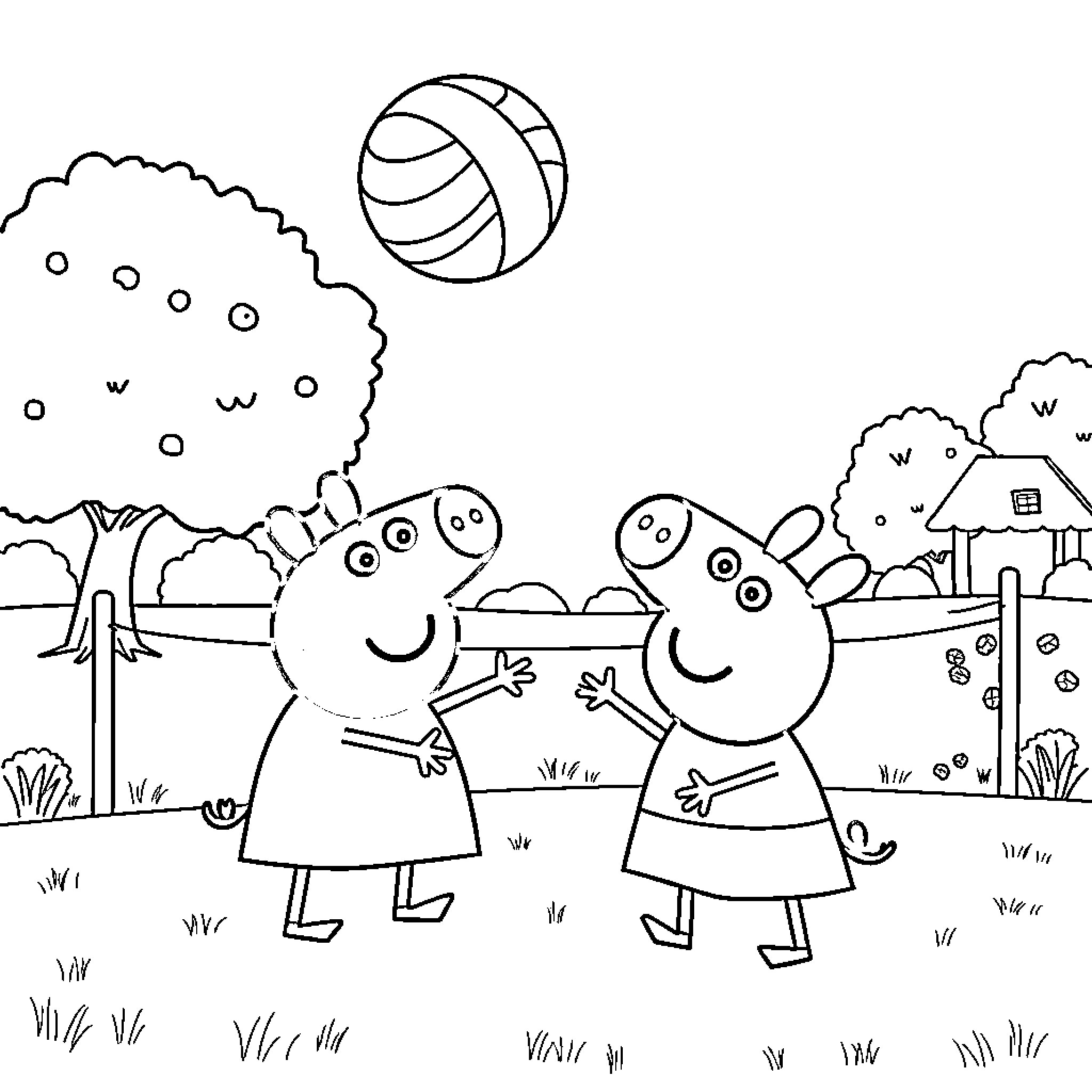 Peppa Pig and friends enjoying outdoor play Coloring Page (free black-and-white line drawing printable PDF for all, from beginners to advanced learners, including children, teens, adults, and seniors)