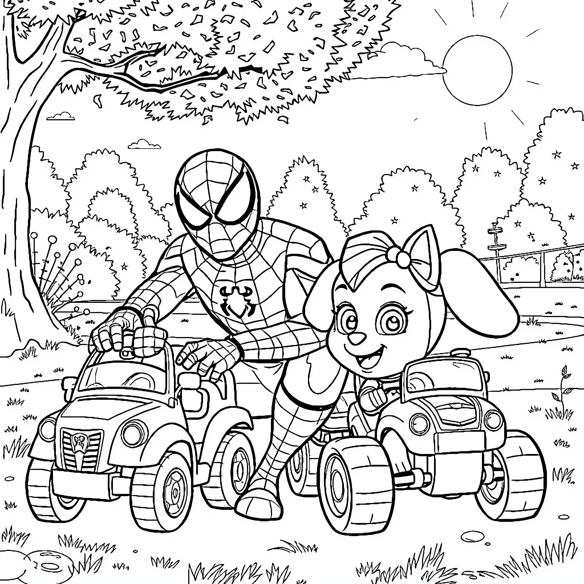 Spiderman and Bunny Buddy on Toy Car Adventure Coloring Page (free black-and-white line drawing printable PDF for all, from beginners to advanced learners, including children, teens, adults, and seniors)