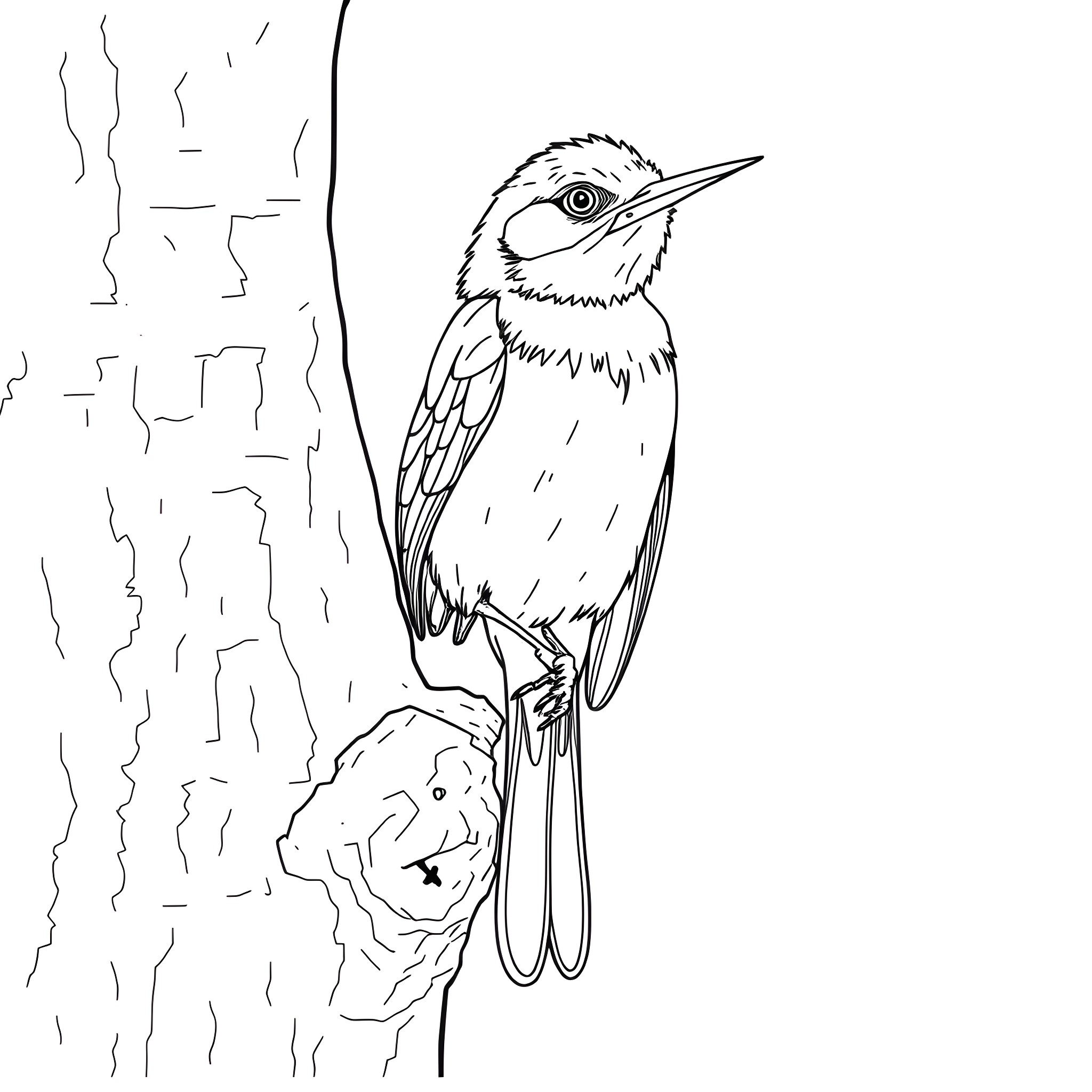 Passerina Cyanea perched on tree bark Coloring Page (free black-and-white line drawing printable PDF for all, from beginners to advanced learners, including children, teens, adults, and seniors)