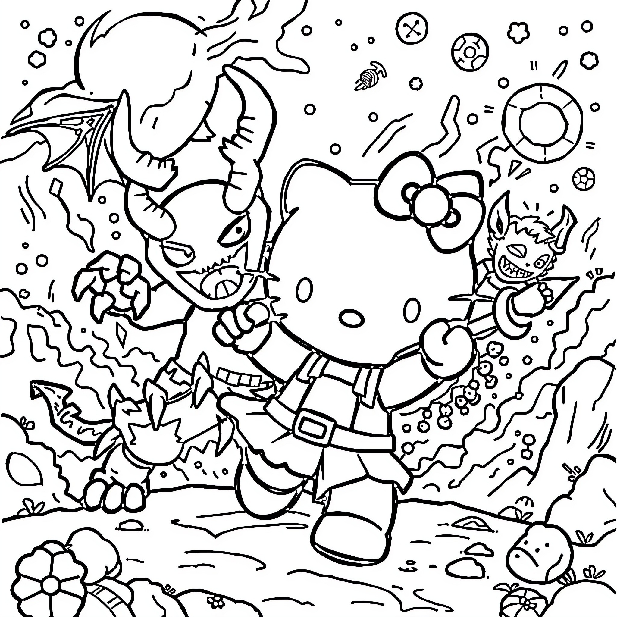 Hello Kitty exploring the underwater world Coloring Page (free black-and-white line drawing printable PDF for all, from beginners to advanced learners, including children, teens, adults, and seniors)