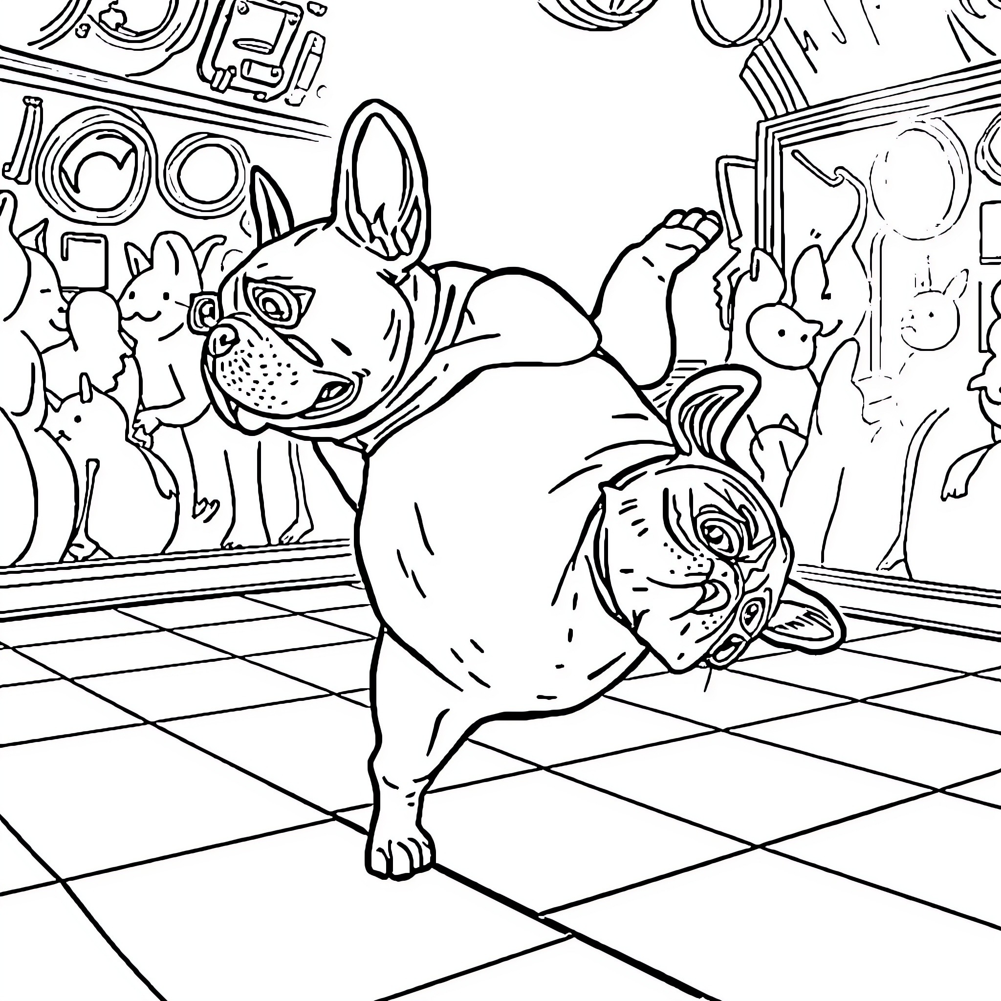 French Bulldog playing in a surreal room Coloring Page (free black-and-white line drawing printable PDF for all, from beginners to advanced learners, including children, teens, adults, and seniors)