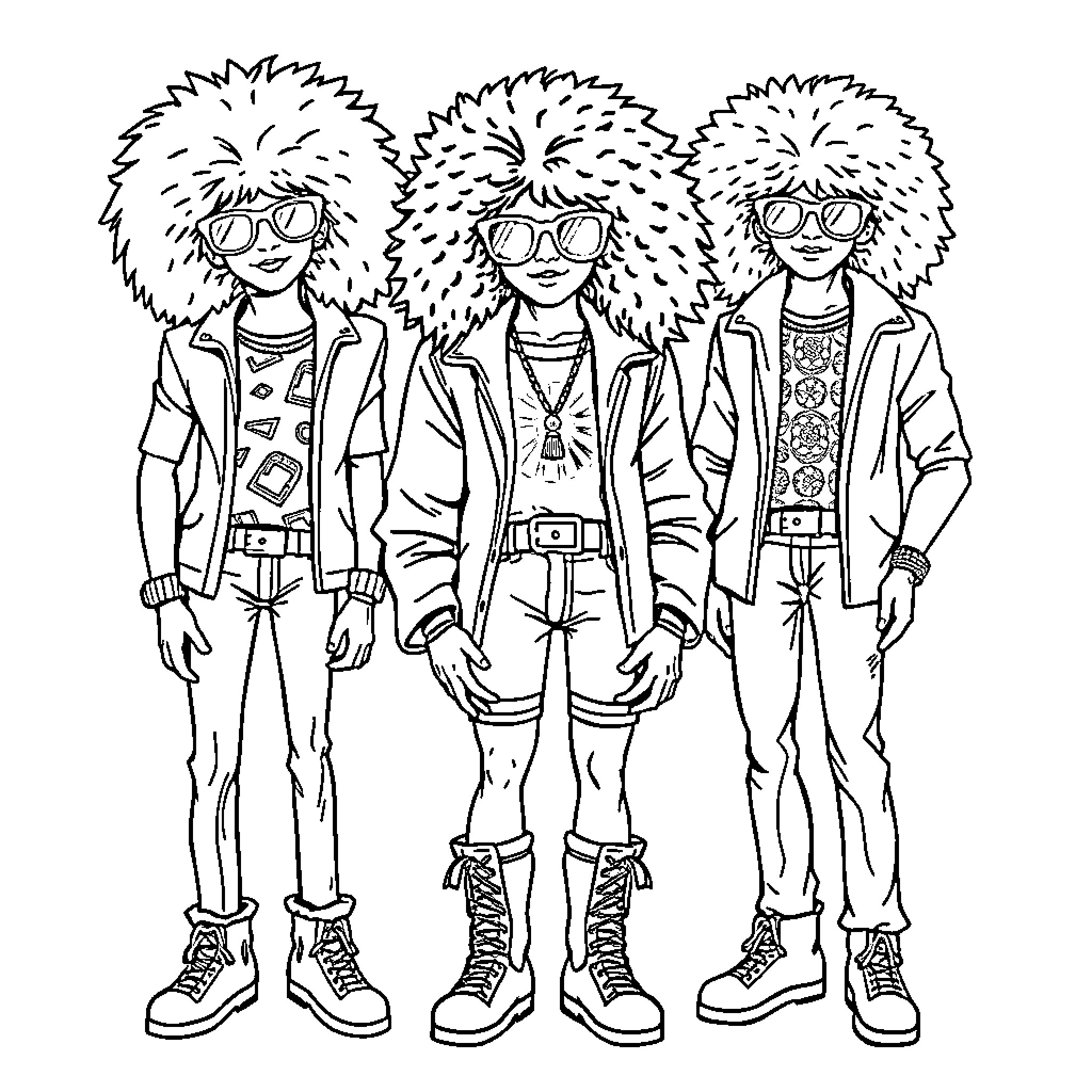 Person in stylish punk-inspired outfits with distinctive hairstyles Coloring Page (free black-and-white line drawing printable PDF for all, from beginners to advanced learners, including children, teens, adults, and seniors)