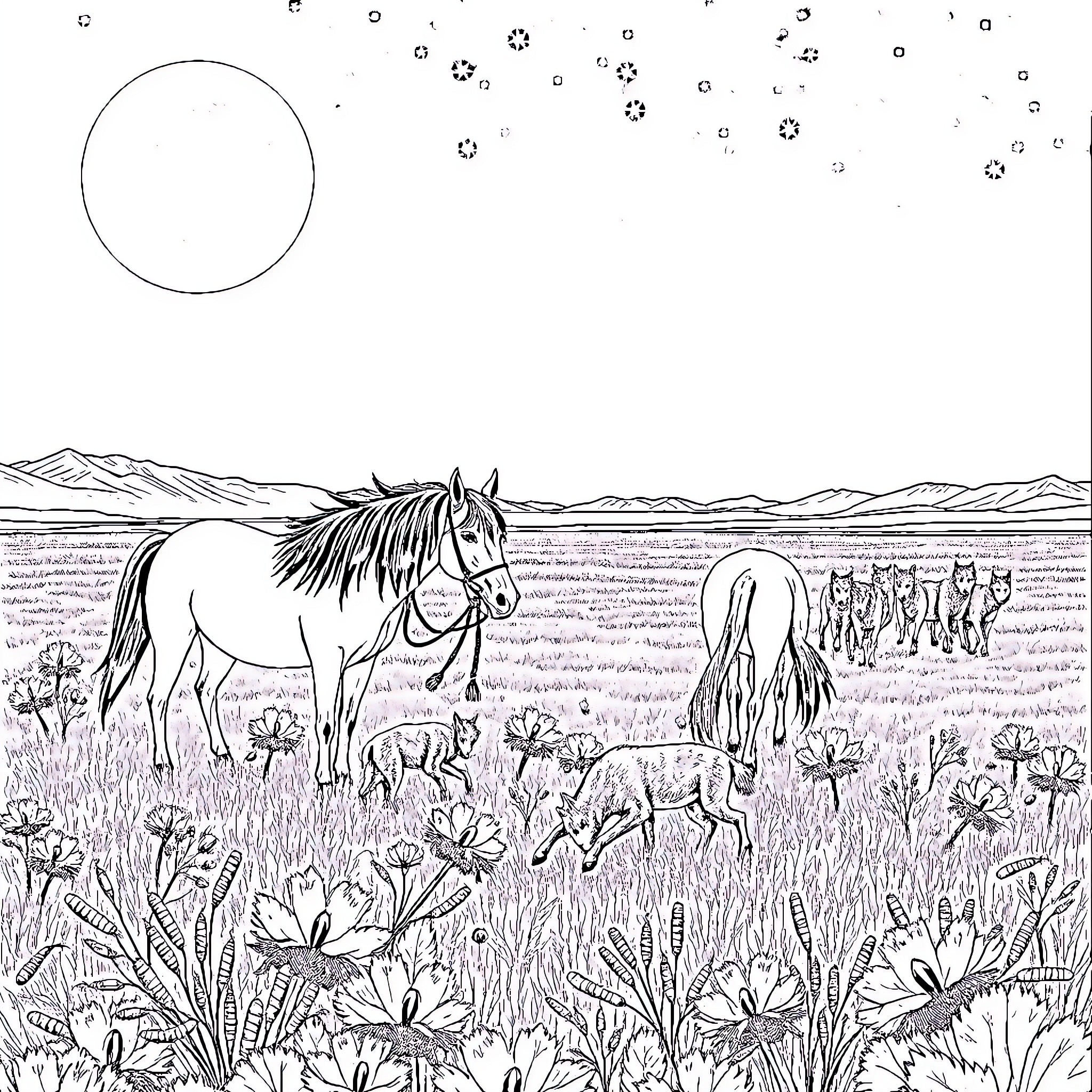 Native American Woman Grazing Horses in Scenic Wilderness Coloring Page (free black-and-white line drawing printable PDF for all, from beginners to advanced learners, including children, teens, adults, and seniors)