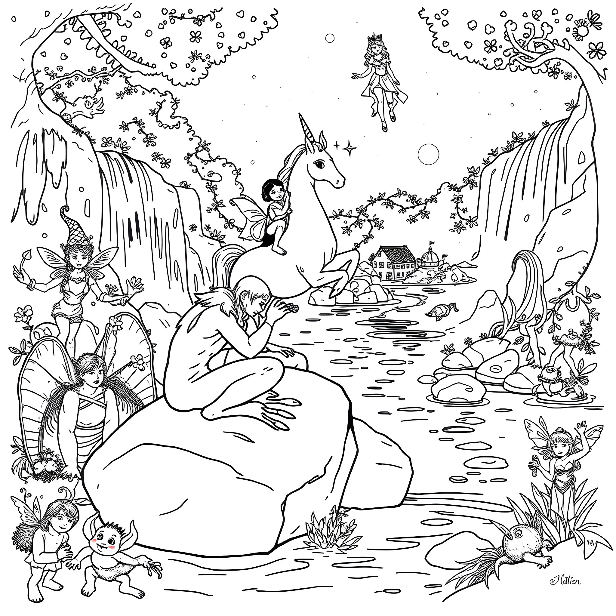 Toad Creatures Frolicking in a Magical Landscape Coloring Page (free black-and-white line drawing printable PDF for all, from beginners to advanced learners, including children, teens, adults, and seniors)