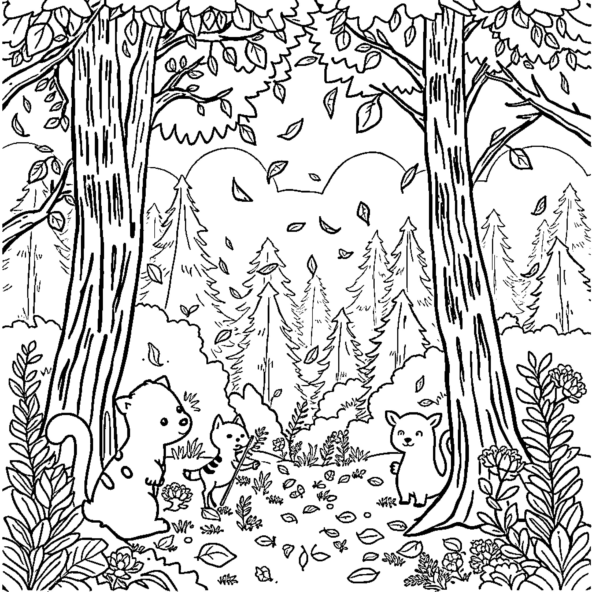 Animals frolicking in the enchanting forest Coloring Page (free black-and-white line drawing printable PDF for all, from beginners to advanced learners, including children, teens, adults, and seniors)