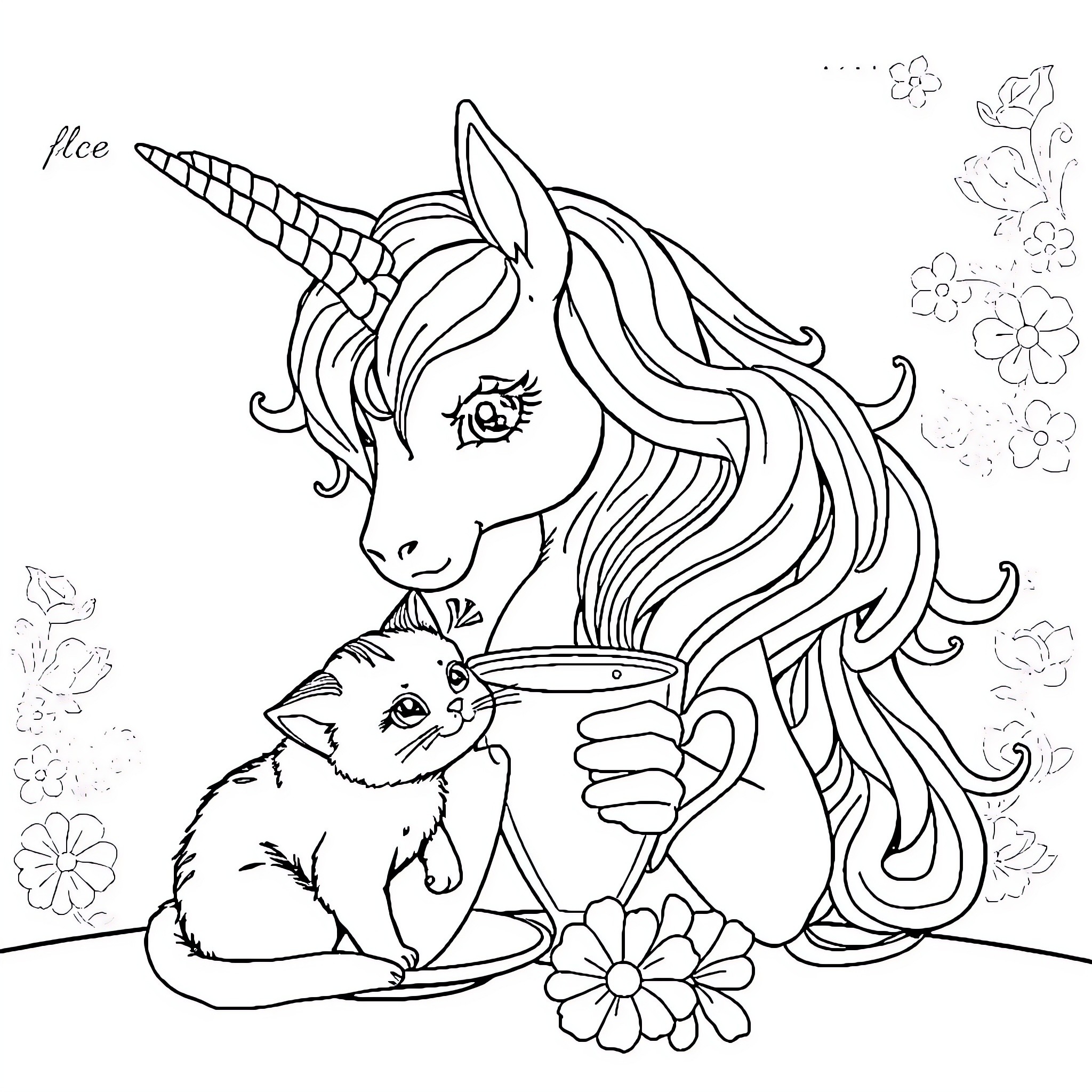 Unicorn and Kitten Enjoying Flowers Coloring Page (free black-and-white line drawing printable PDF for all, from beginners to advanced learners, including children, teens, adults, and seniors)