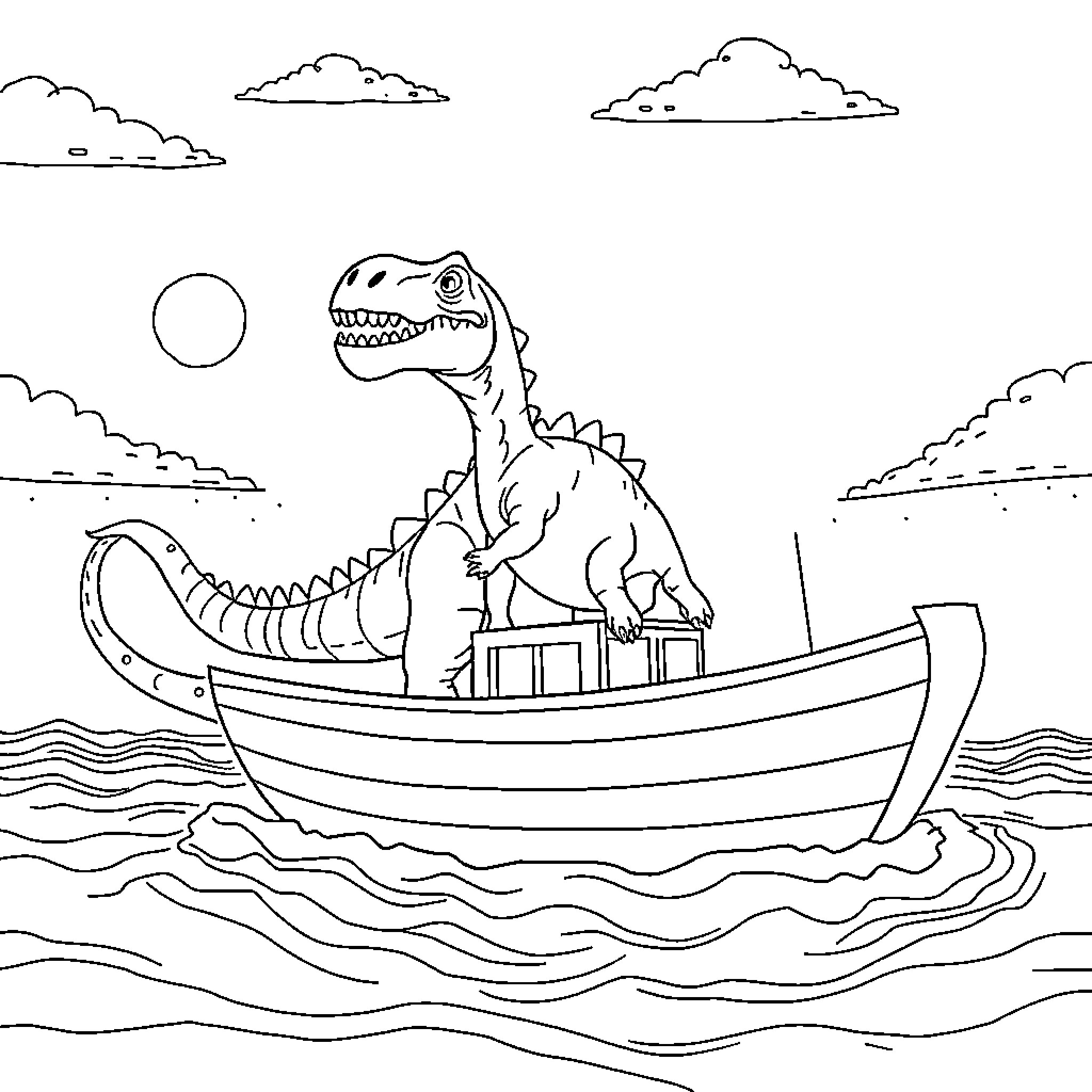 Dinosaur sailing adventurously on a boat Coloring Page (free black-and-white line drawing printable PDF for all, from beginners to advanced learners, including children, teens, adults, and seniors)
