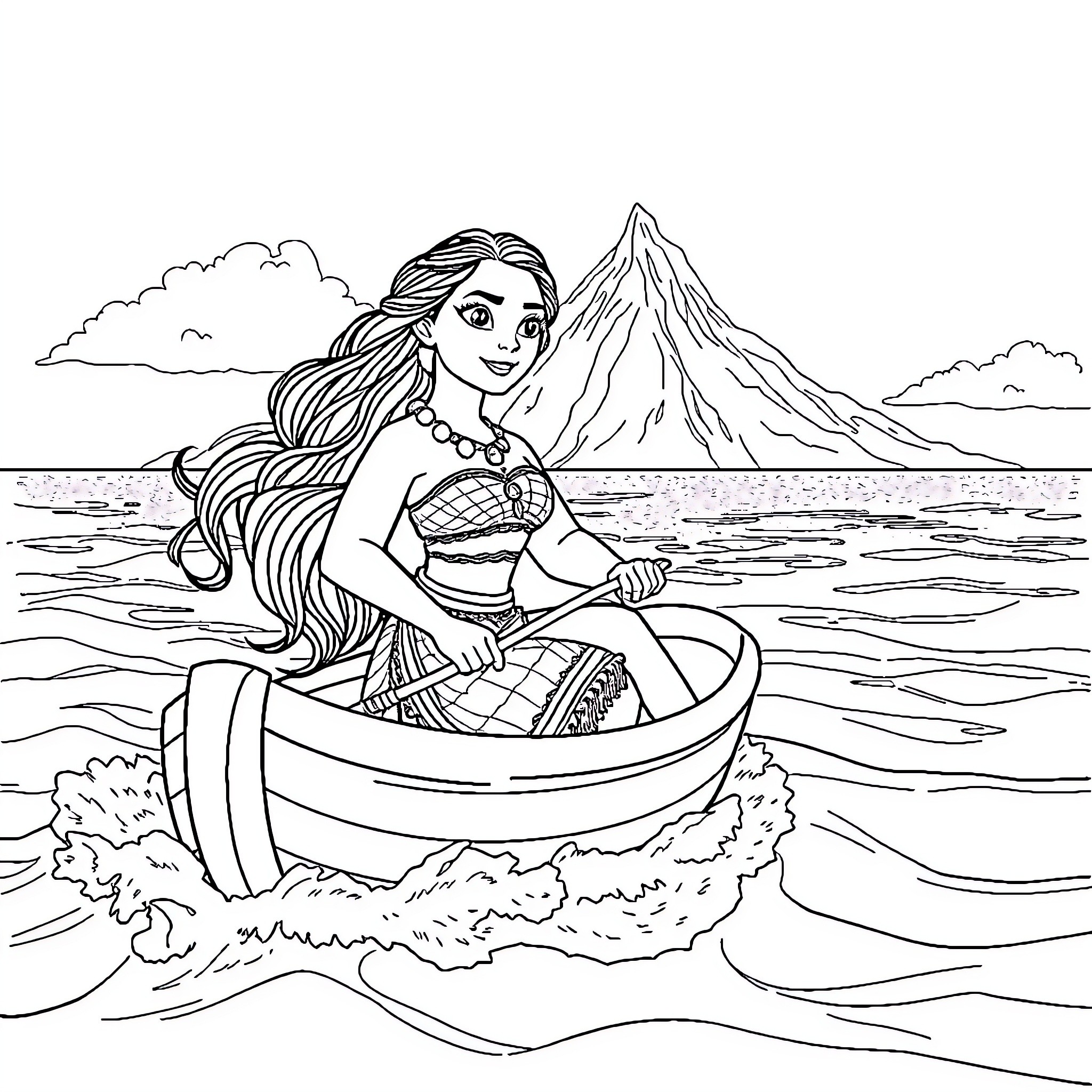 Moana Embarking on a Journey in Her Boat Coloring Page (free black-and-white line drawing printable PDF for all, from beginners to advanced learners, including children, teens, adults, and seniors)