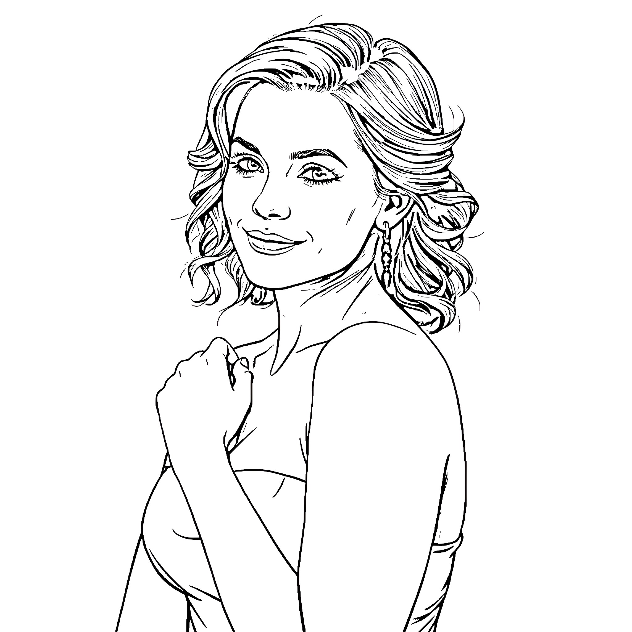 Reese Witherspoon in Elegant Pose Coloring Page (free black-and-white line drawing printable PDF for all, from beginners to advanced learners, including children, teens, adults, and seniors)