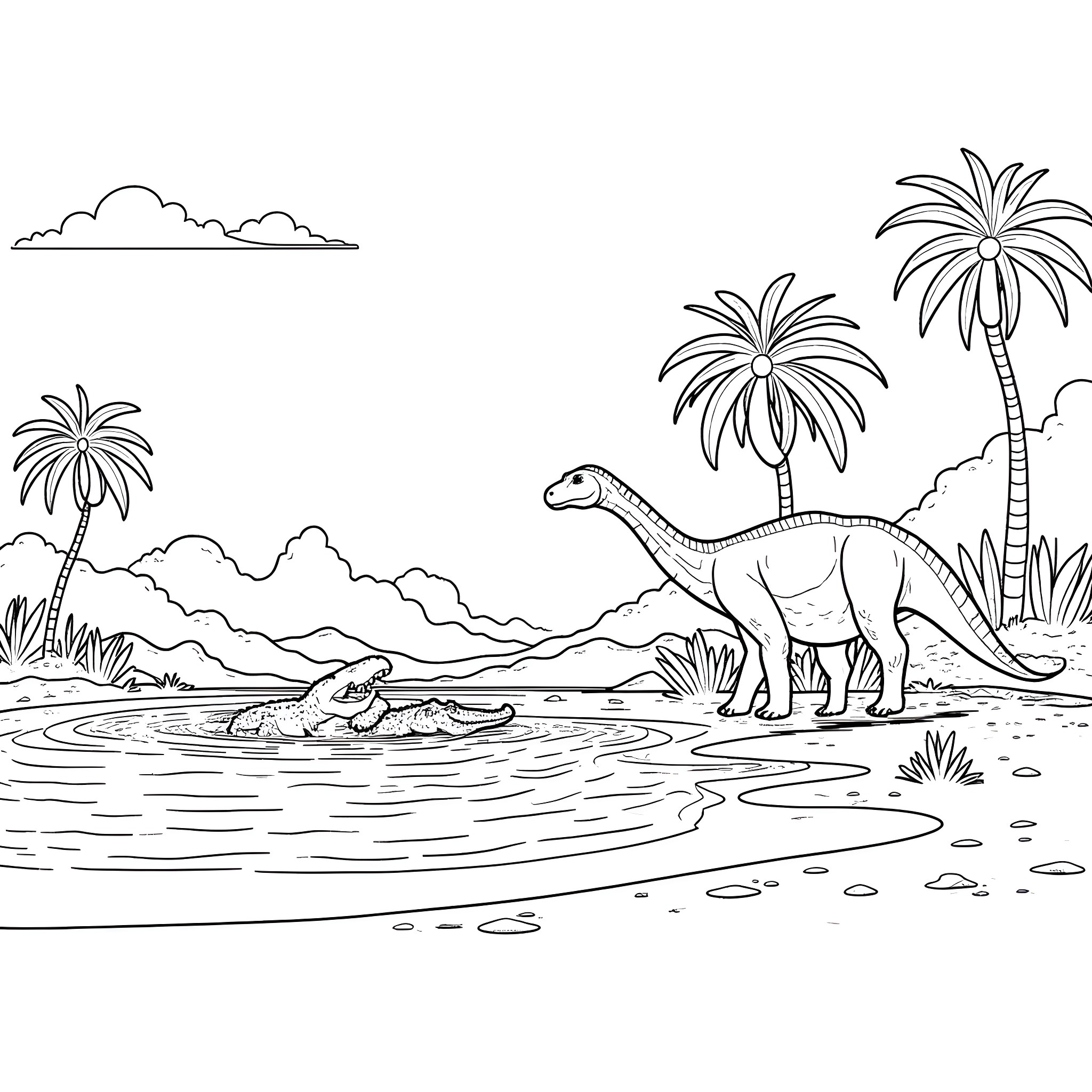 Dinosaurs exploring the prehistoric landscape Coloring Page (free black-and-white line drawing printable PDF for all, from beginners to advanced learners, including children, teens, adults, and seniors)