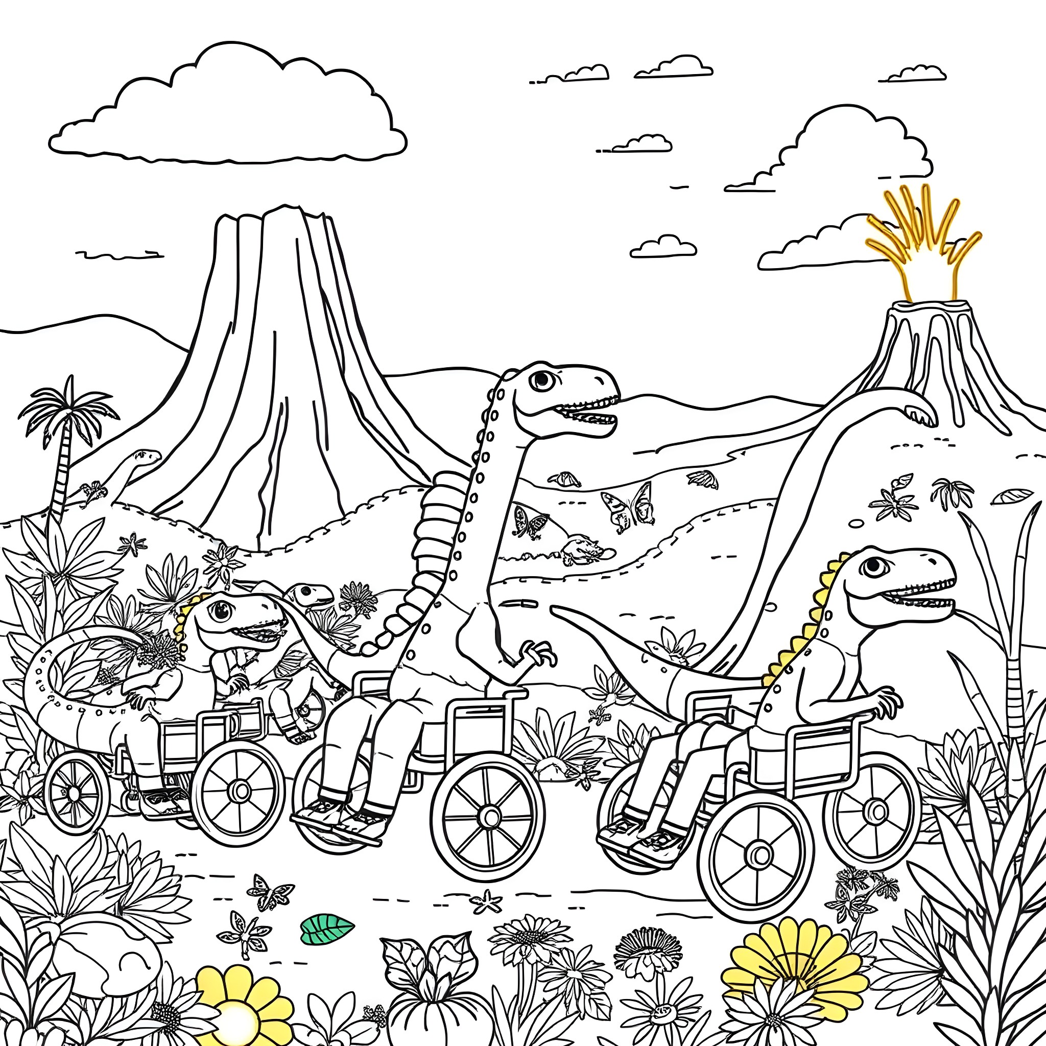 Dinosaurs riding vehicles in prehistoric landscape Coloring Page (free black-and-white line drawing printable PDF for all, from beginners to advanced learners, including children, teens, adults, and seniors)