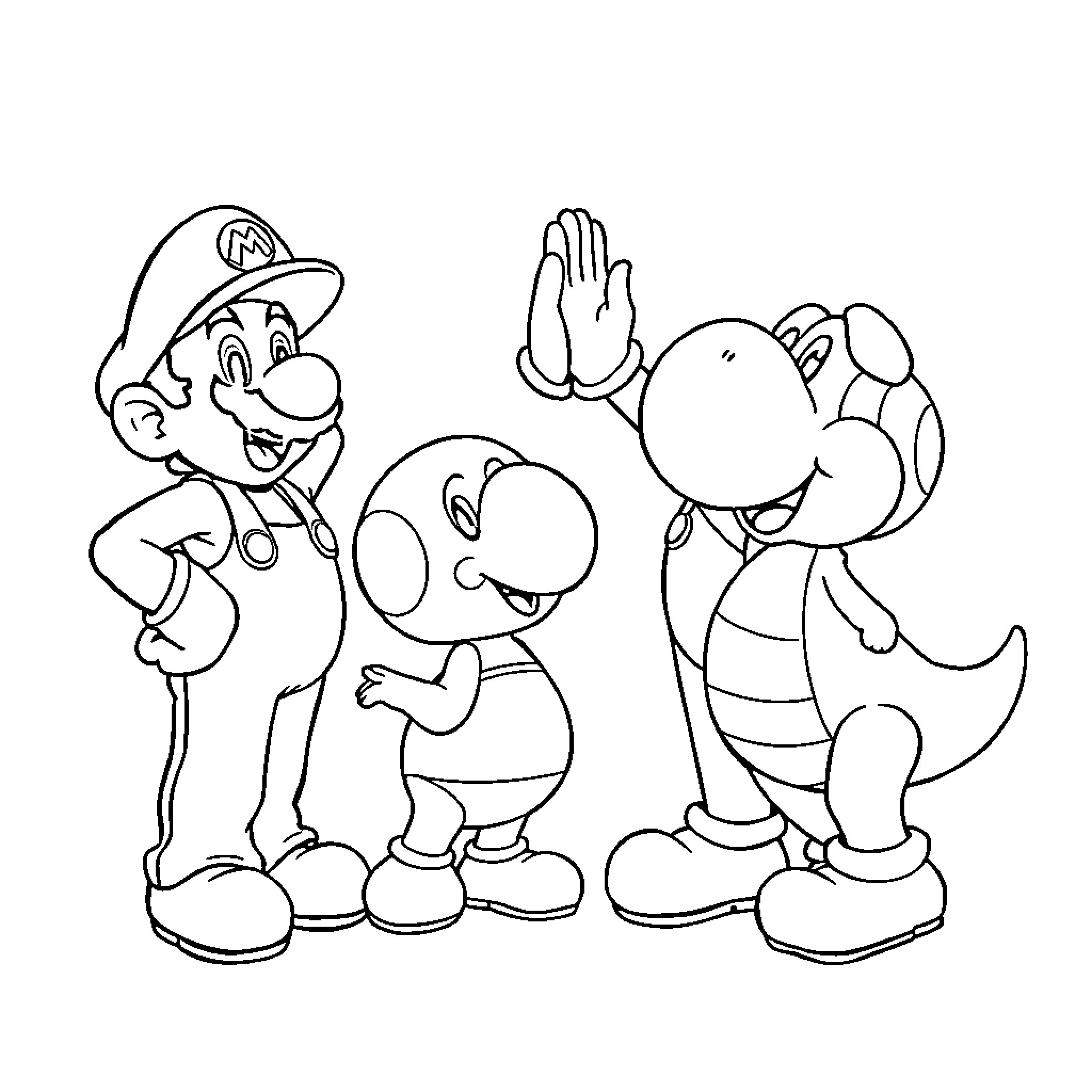 Mario and Friends Cheerfully Posing Together Coloring Page (free black-and-white line drawing printable PDF for all, from beginners to advanced learners, including children, teens, adults, and seniors)