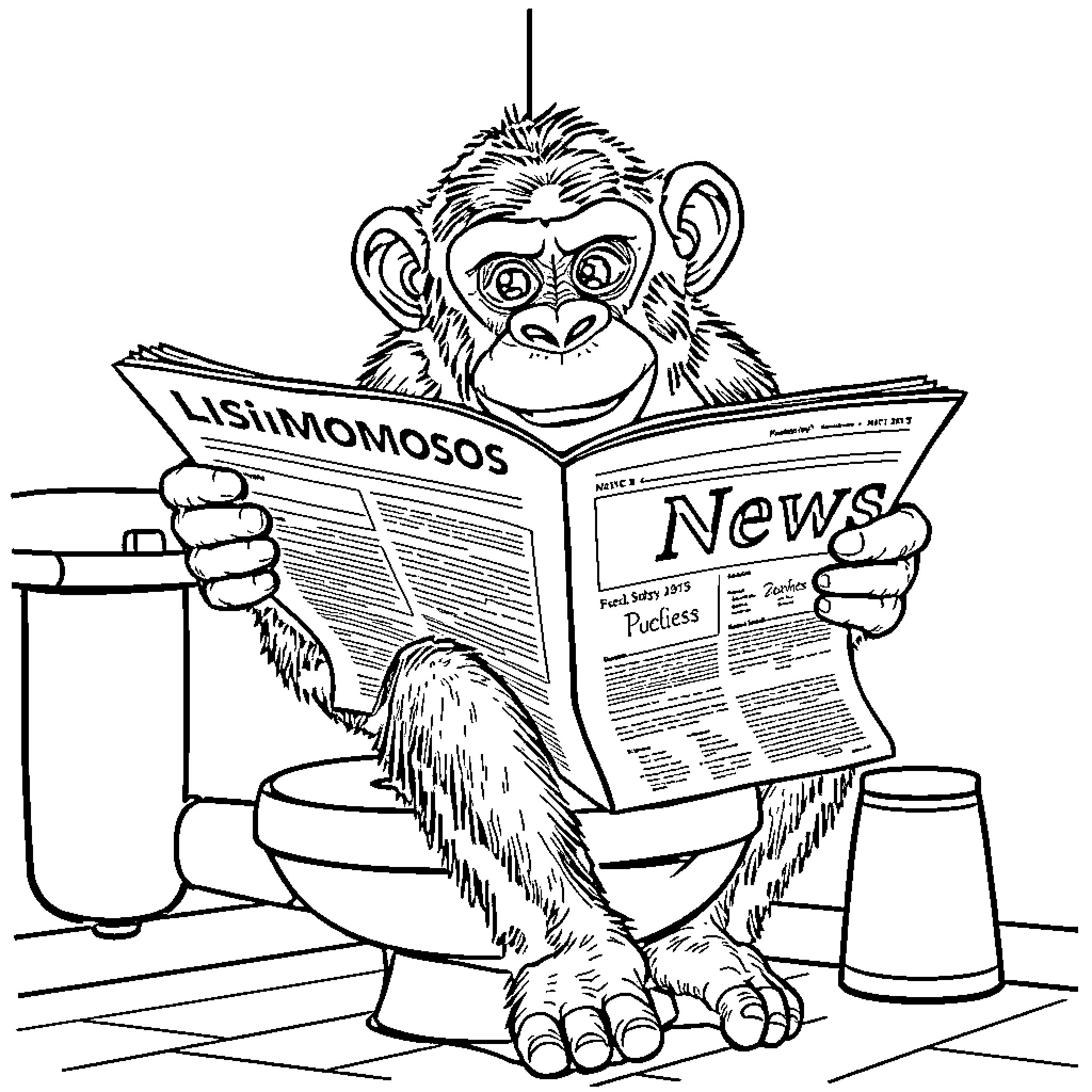 Chimpanzee reading the newspaper with attentive expression Coloring Page (free black-and-white line drawing printable PDF for all, from beginners to advanced learners, including children, teens, adults, and seniors)