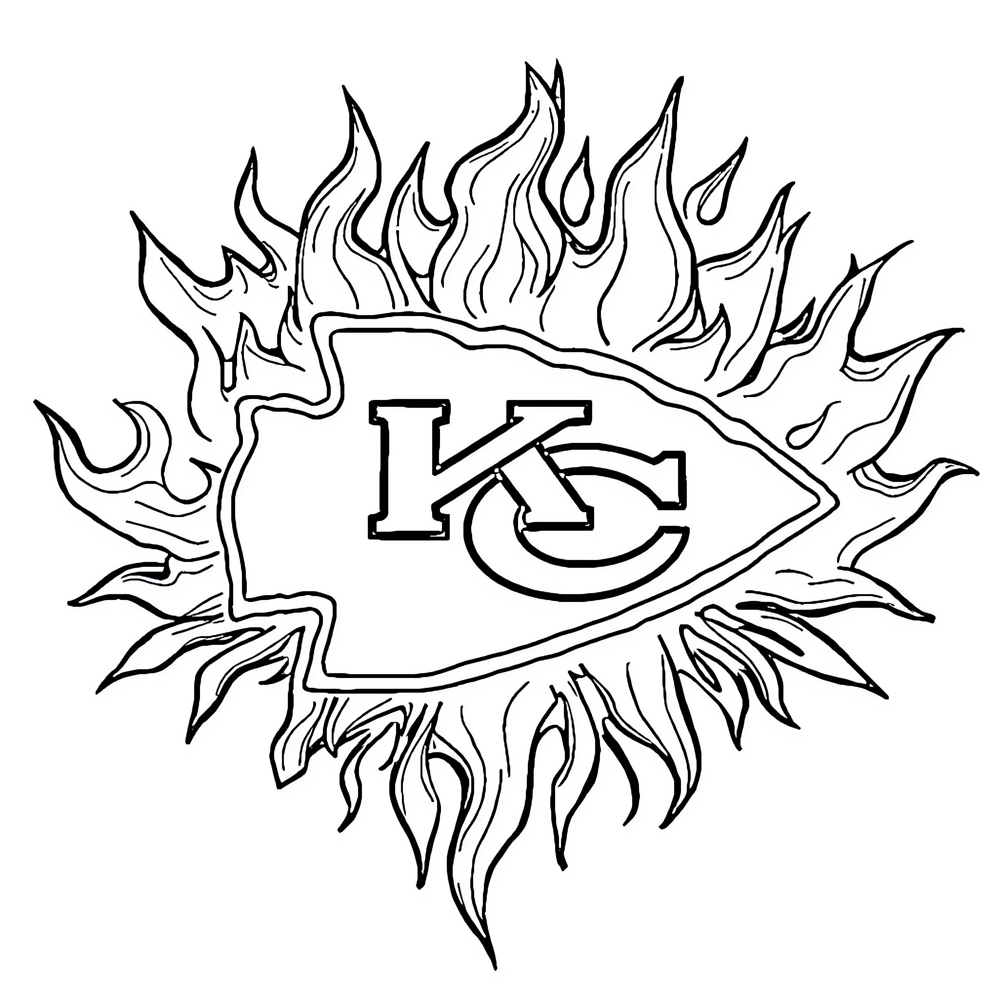 Kansas City Chiefs logo with fiery flames Coloring Page (free black-and-white line drawing printable PDF for all, from beginners to advanced learners, including children, teens, adults, and seniors)