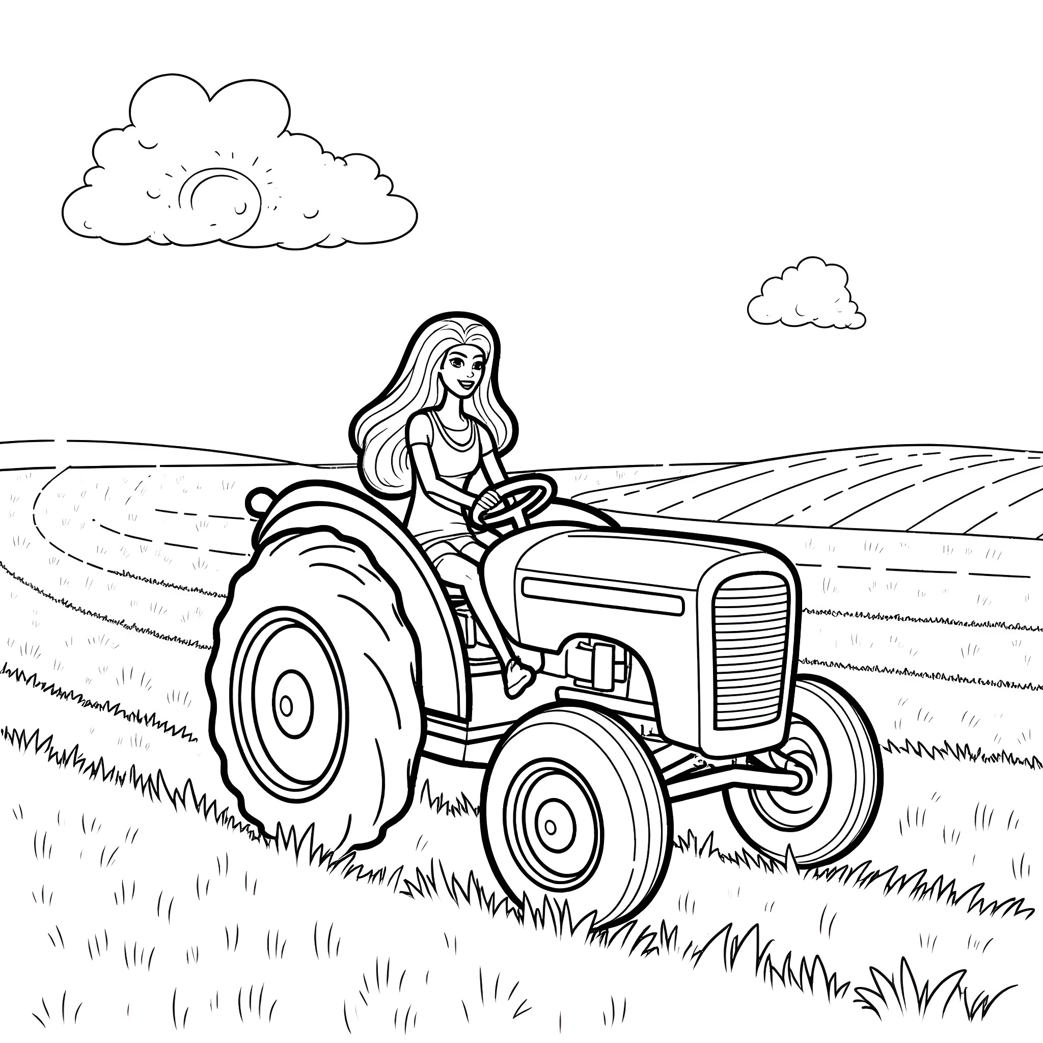 Barbie riding a vintage tractor in the countryside Coloring Page (free black-and-white line drawing printable PDF for all, from beginners to advanced learners, including children, teens, adults, and seniors)
