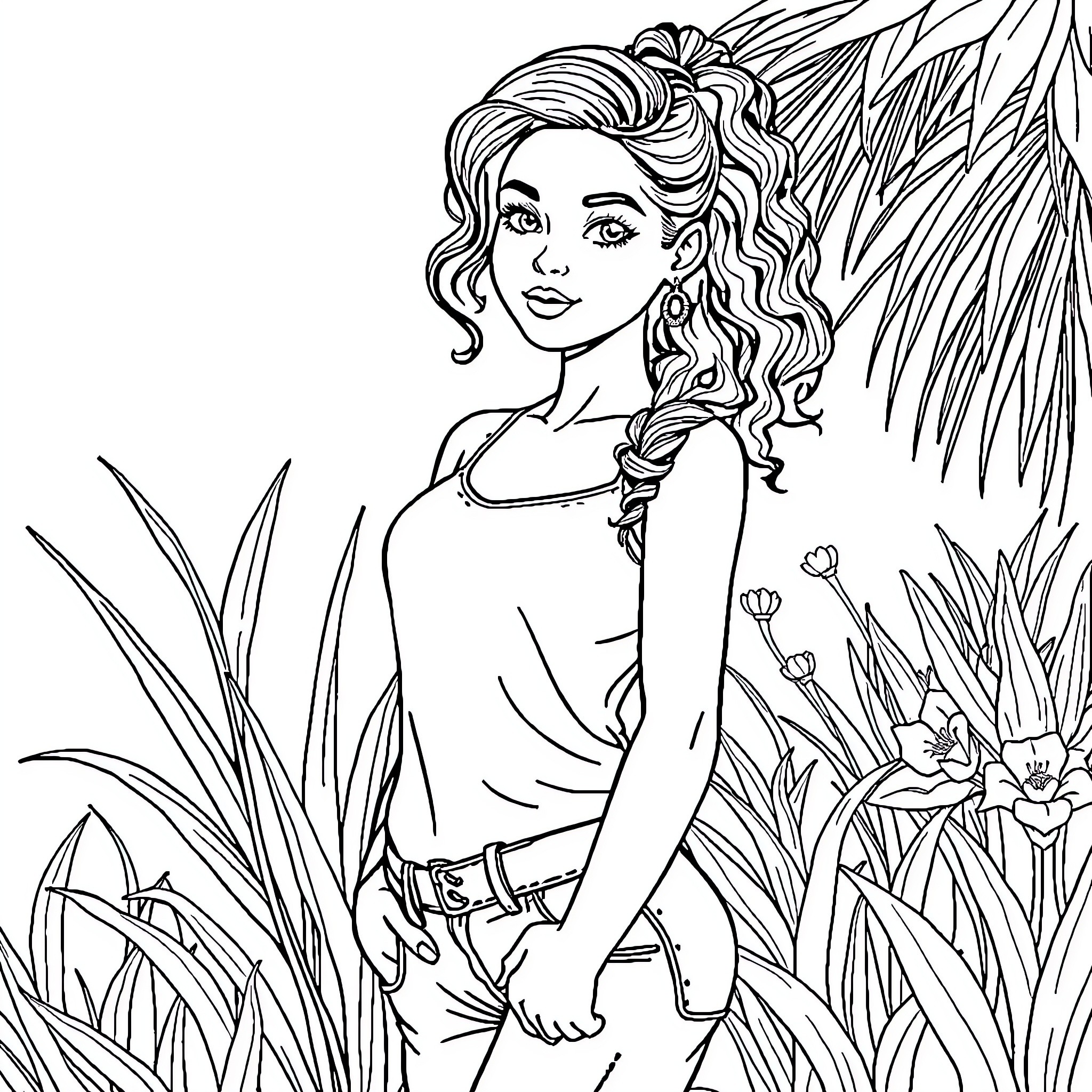 Girl in a tropical garden Coloring Page (free black-and-white line drawing printable PDF for all, from beginners to advanced learners, including children, teens, adults, and seniors)