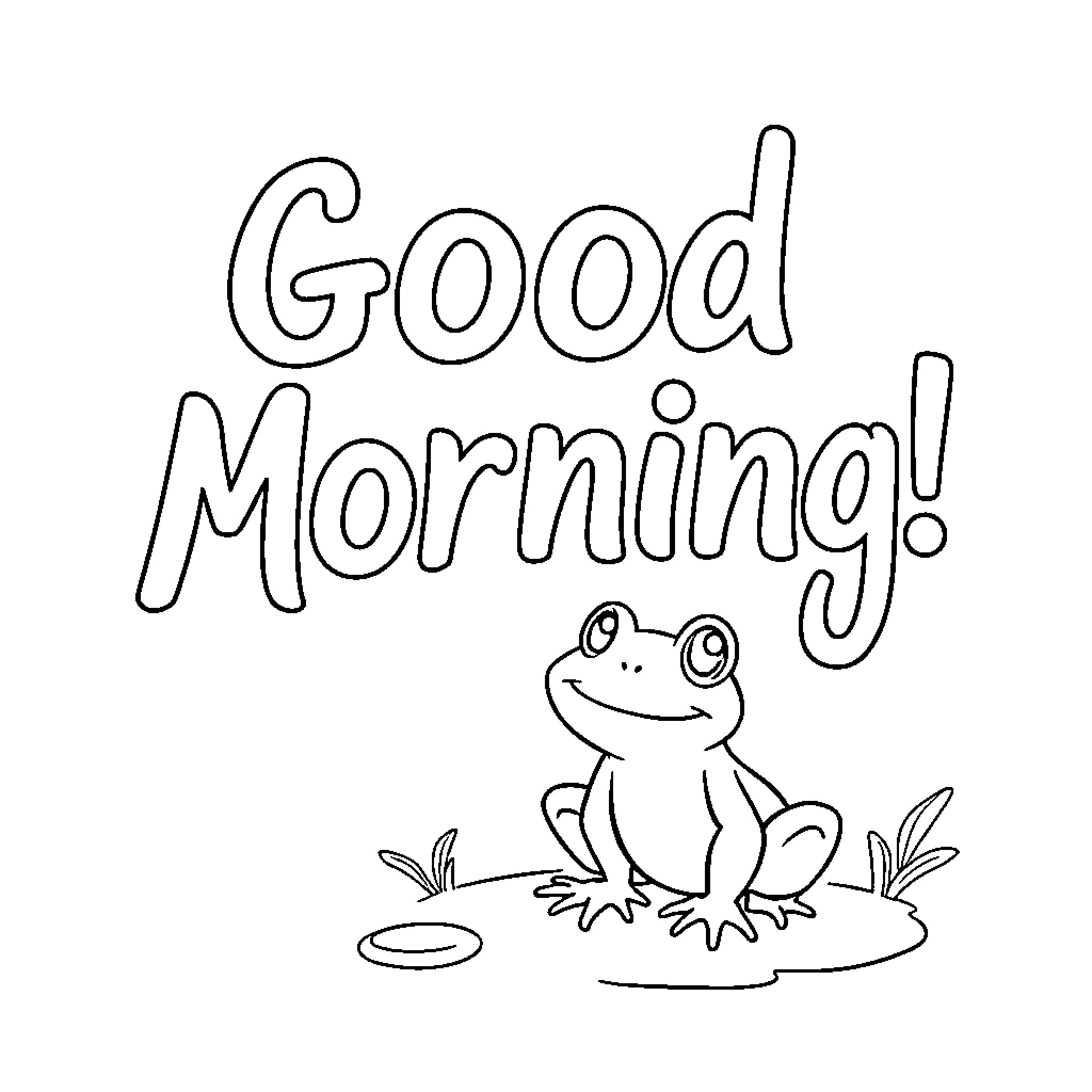 Frog greeting with a smile on a sunny morning Coloring Page (free black-and-white line drawing printable PDF for all, from beginners to advanced learners, including children, teens, adults, and seniors)