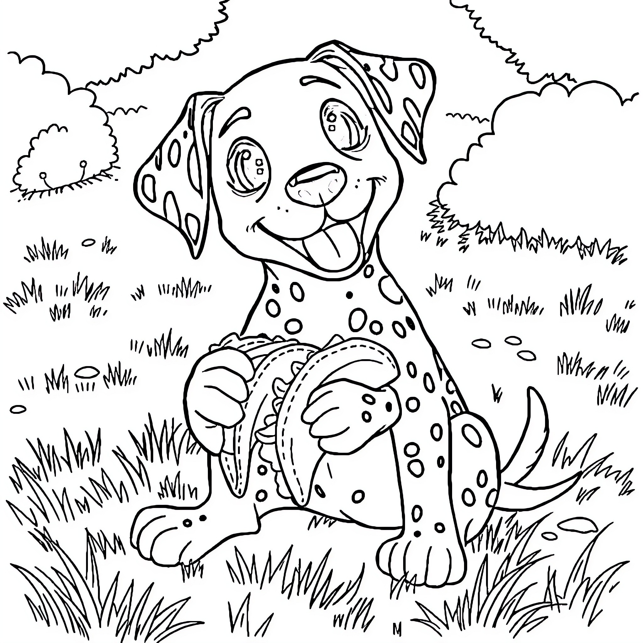 Dalmatian exploring the outdoors happily Coloring Page (free black-and-white line drawing printable PDF for all, from beginners to advanced learners, including children, teens, adults, and seniors)
