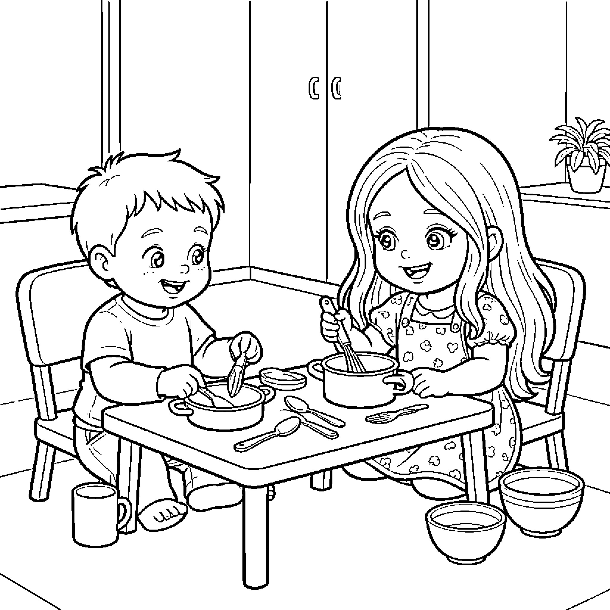 Child playing with cooking tools at a small table Coloring Page (free black-and-white line drawing printable PDF for all, from beginners to advanced learners, including children, teens, adults, and seniors)