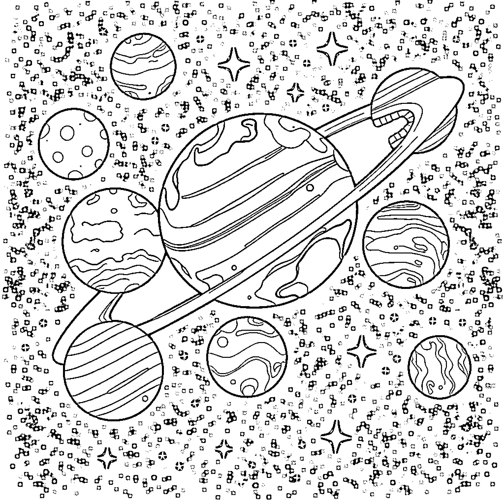 Planet Exploration in the Cosmic Landscape Coloring Page (free black-and-white line drawing printable PDF for all, from beginners to advanced learners, including children, teens, adults, and seniors)