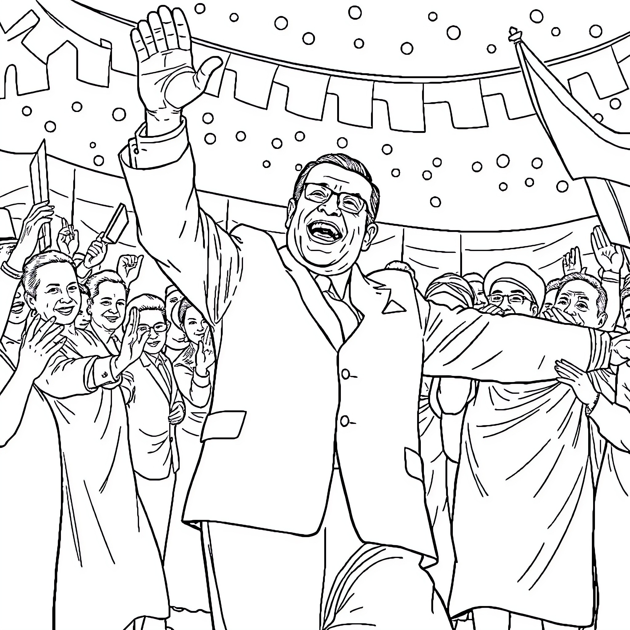 President Celebrates with Enthusiastic Supporters at Campaign Rally Coloring Page (free black-and-white line drawing printable PDF for all, from beginners to advanced learners, including children, teens, adults, and seniors)