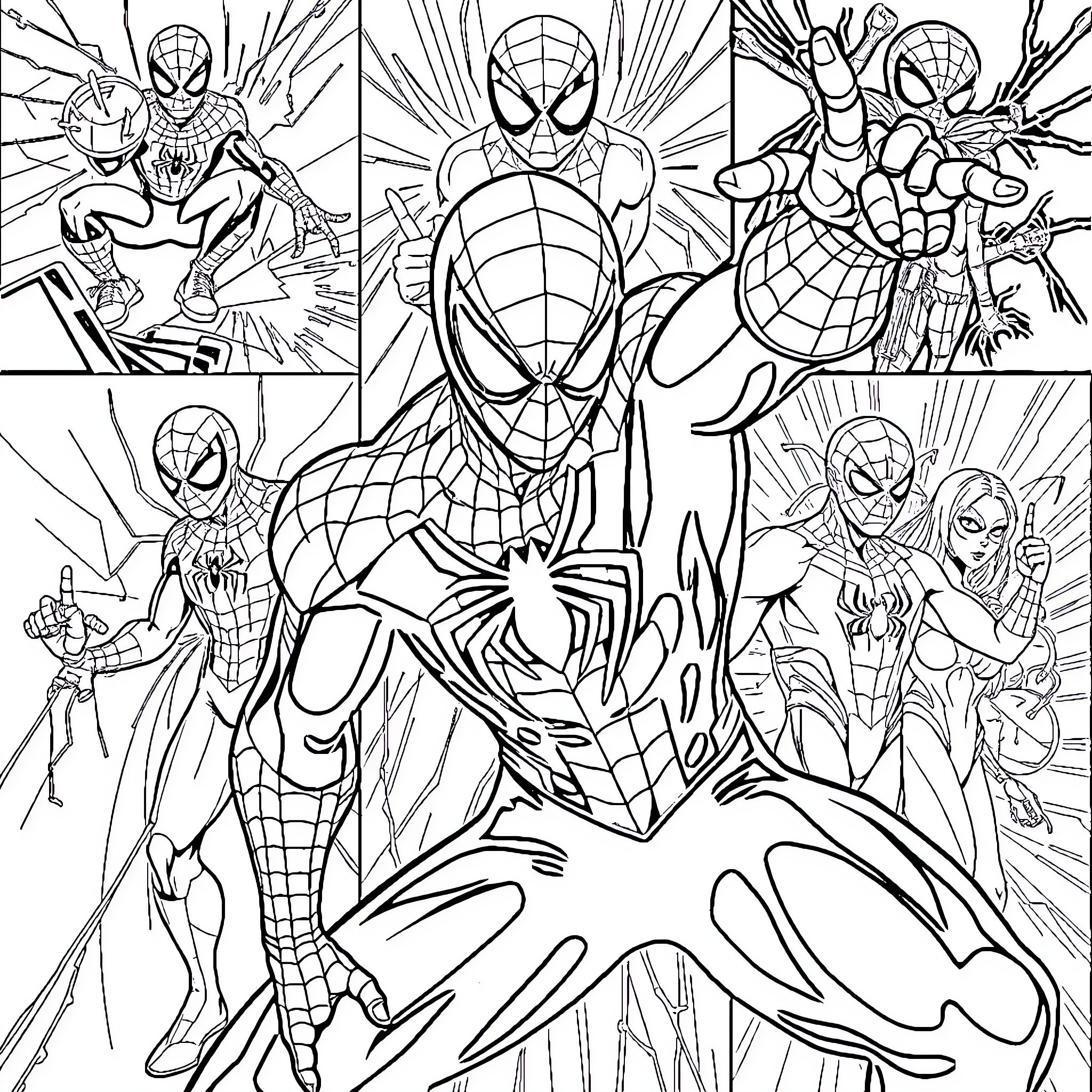 Spider-Man in Dynamic Superhero Poses Coloring Page (free black-and-white line drawing printable PDF for all, from beginners to advanced learners, including children, teens, adults, and seniors)