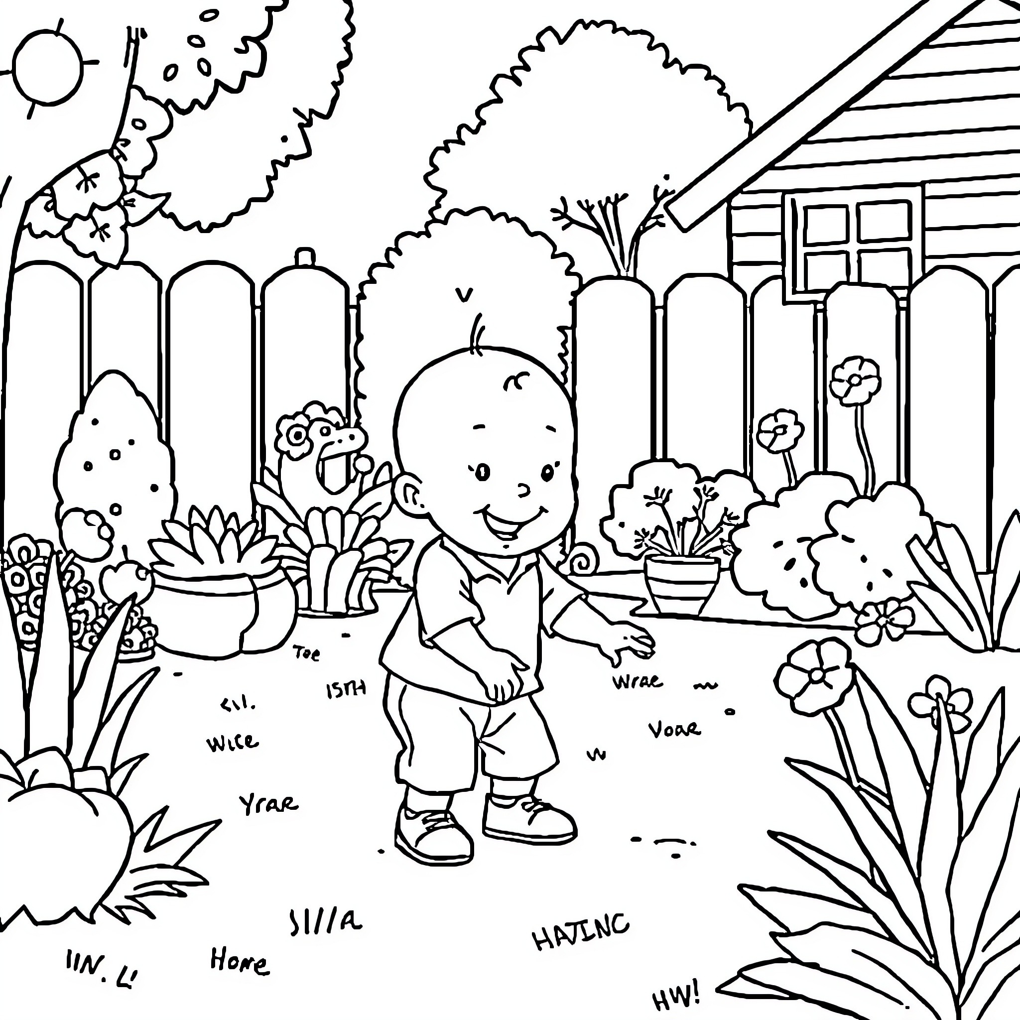 Caillou exploring the lush garden surroundings Coloring Page (free black-and-white line drawing printable PDF for all, from beginners to advanced learners, including children, teens, adults, and seniors)