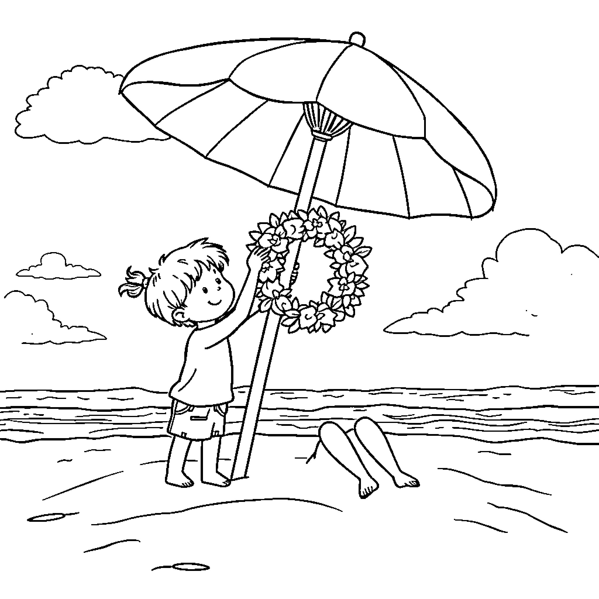 Kid joyfully holding flower wreath under umbrella on beach Coloring Page (free black-and-white line drawing printable PDF for all, from beginners to advanced learners, including children, teens, adults, and seniors)