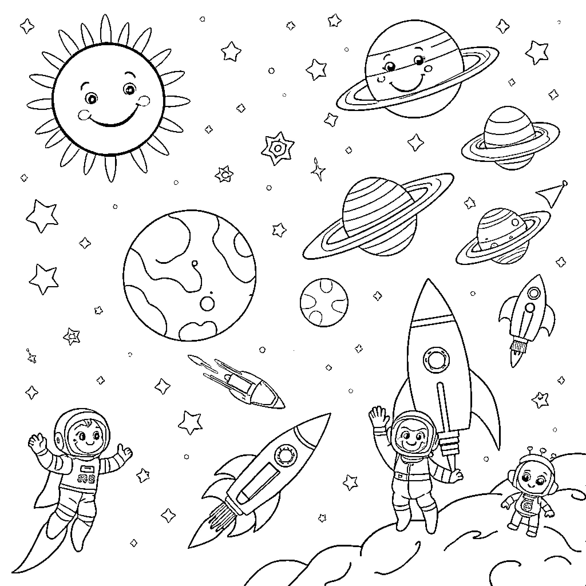 Space scene with planets, stars, and astronauts Coloring Page (free black-and-white line drawing printable PDF for all, from beginners to advanced learners, including children, teens, adults, and seniors)