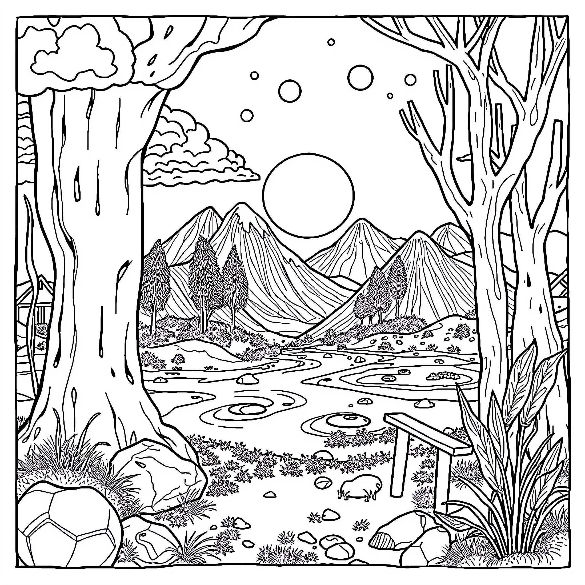 Climate Novel: Peaceful Wilderness Landscape Coloring Page (free black-and-white line drawing printable PDF for all, from beginners to advanced learners, including children, teens, adults, and seniors)